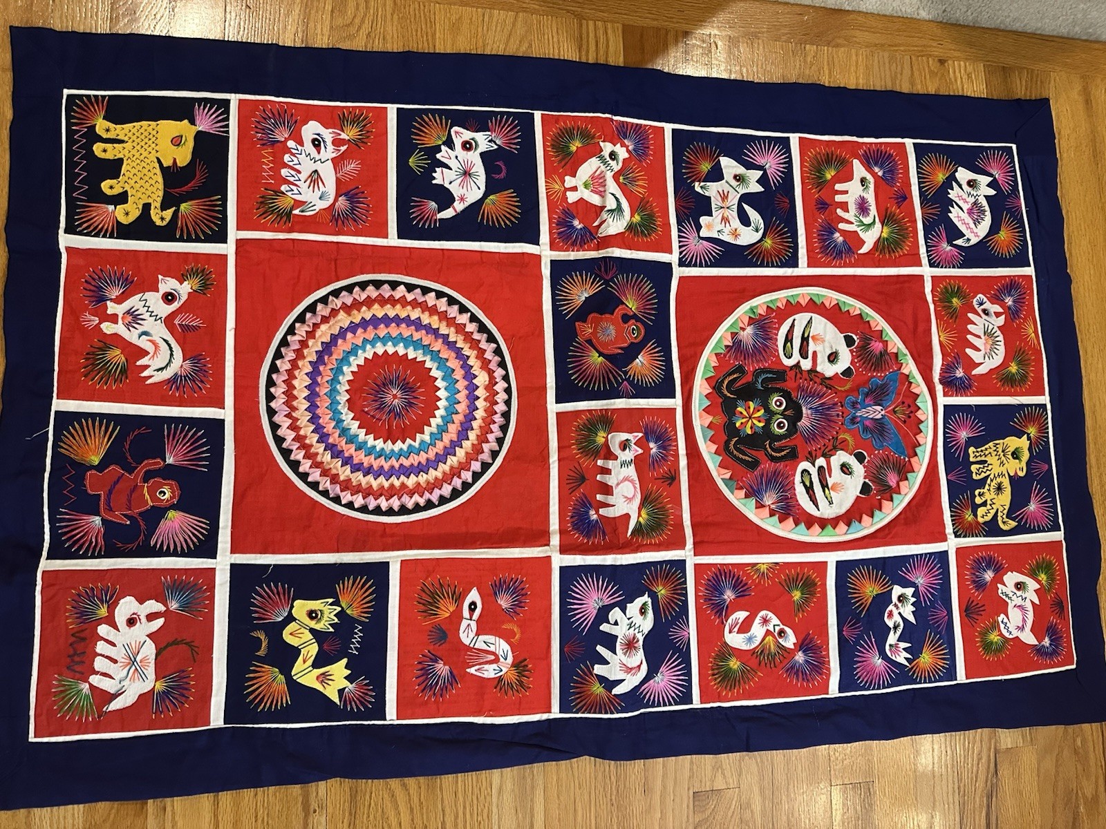 Vtg Two Sided Chinese Wallhanging 50”x32” Colorful Geometric Animal Pattern Vtg Two Sided Chinese Wallhanging 50”x32” Colorful Geometric Animal Pattern