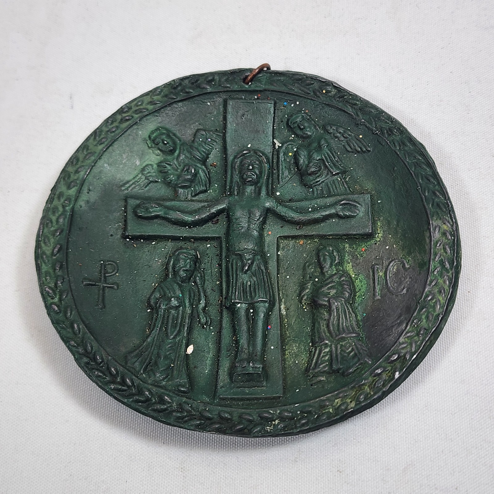 Vintage Religious Bronze Crucifiction Medal Green Patina Jesus Metal Christian