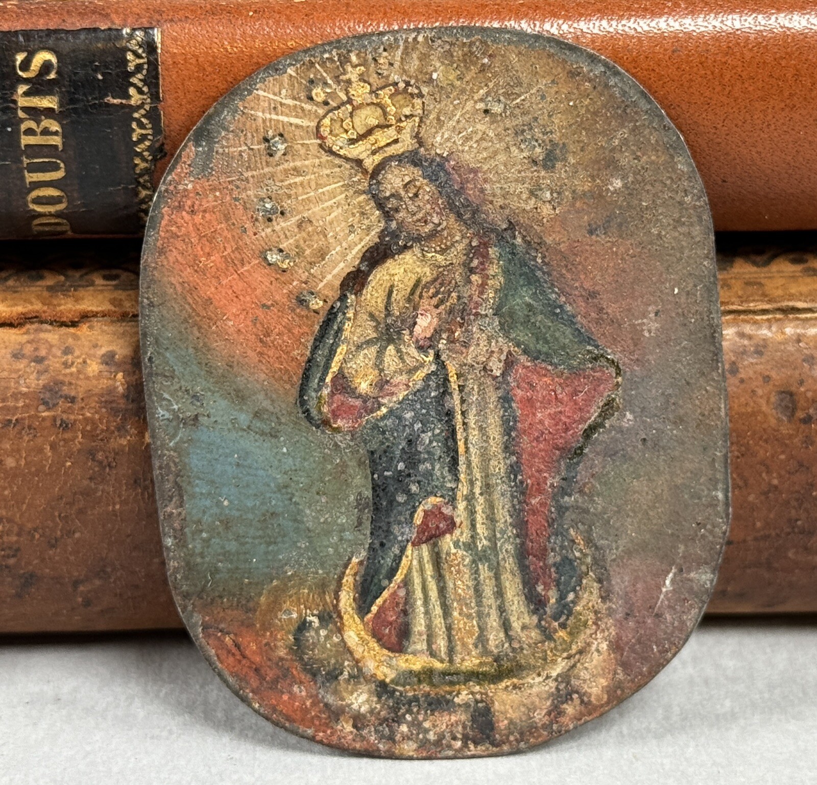Antique Reliquary Two Paintings Virgin Mary Christ God Spanish Colonial 18th C. Antique Reliquary Two Paintings Virgin Mary Christ God Spanish Colonial 18th C.