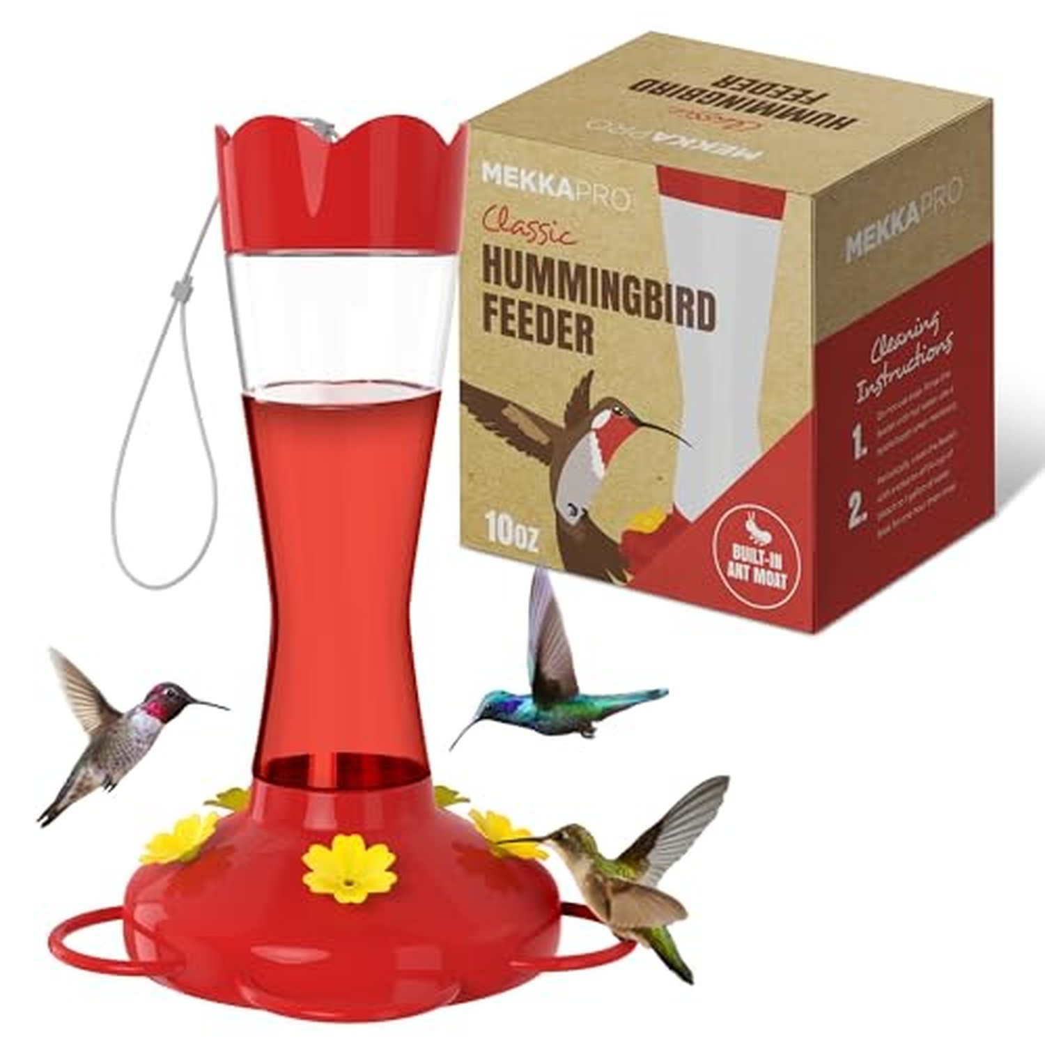 MEKKAPRO Outdoor Glass Hummingbird Feeder, Red, 5 Feeding Stations 10 oz 10oz