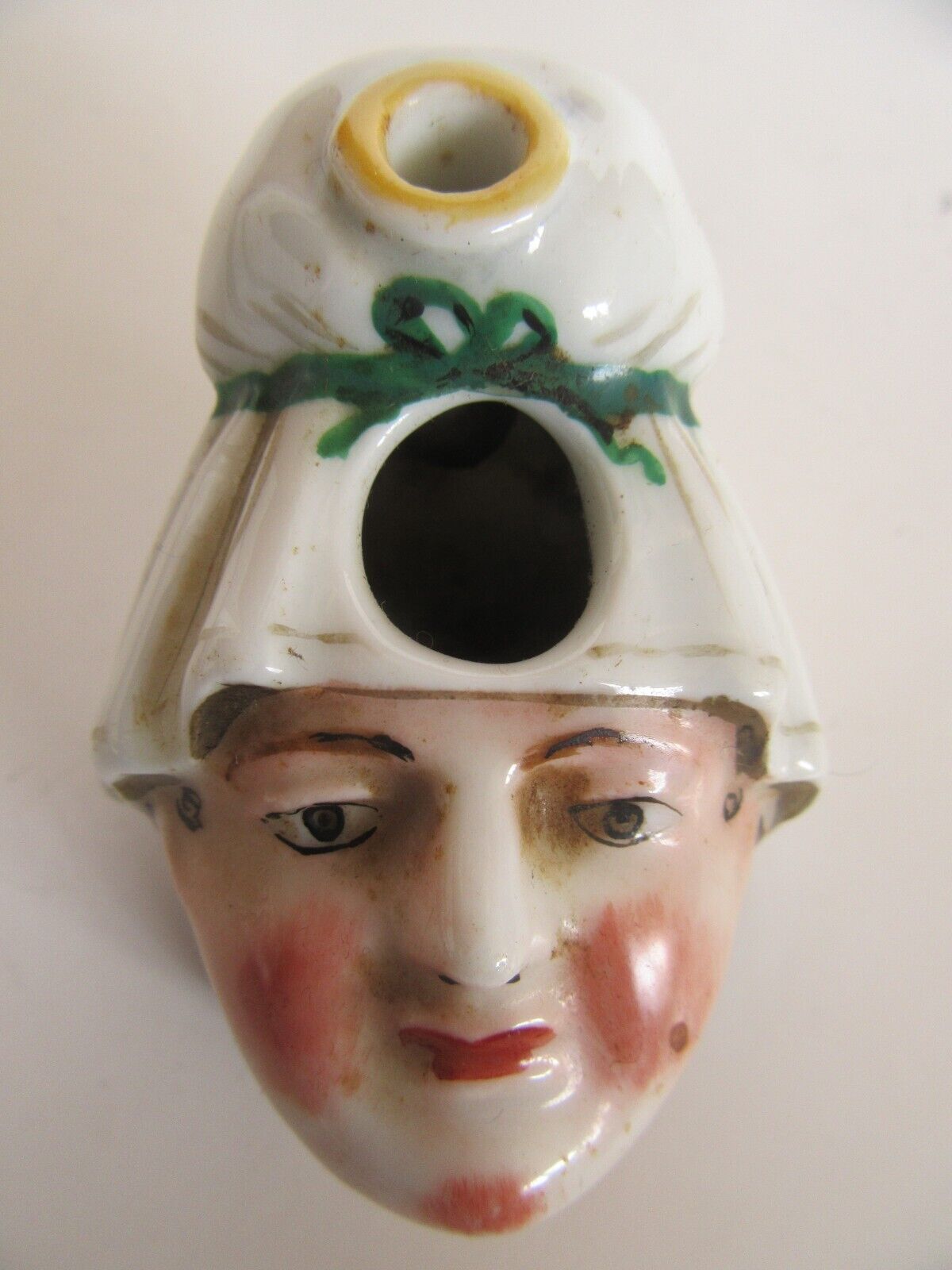 Antique 19th Century Porcelain Painted Head Whimsical Inkpot Inkwell