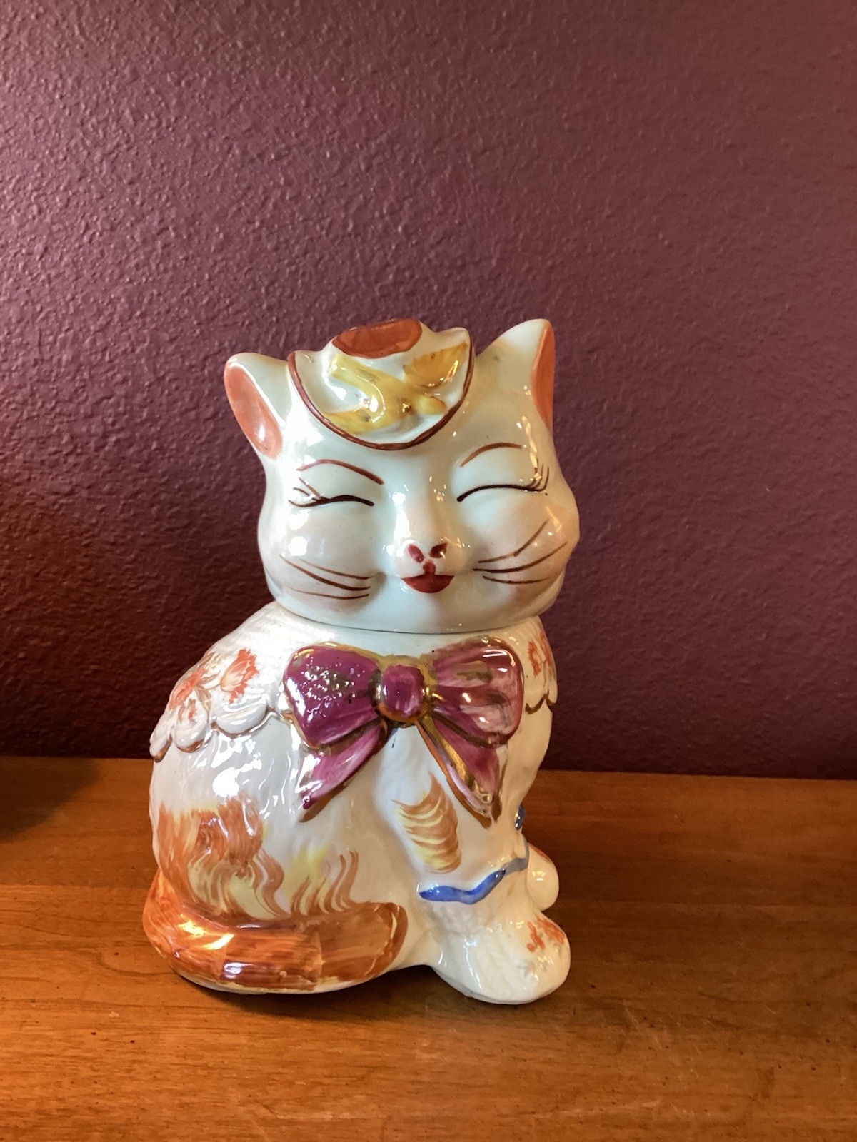 Vintage Shawnee Patented Puss N Boots Cookie Jar WithFloral Details/Hat/GoldTrim