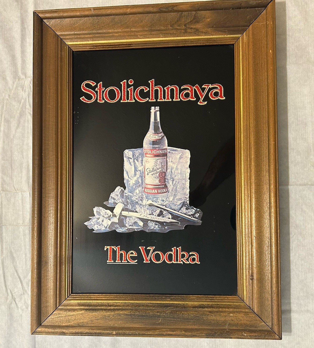 Vintage Stolichnaya THE Vodka Original Glass Advertisement Wood Frame 80s