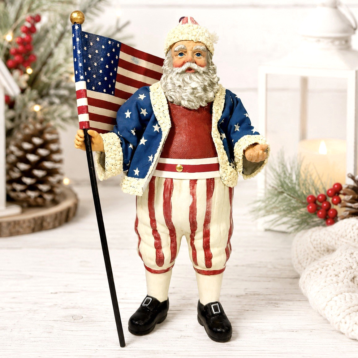 1991 Possible Dreams Clothtique Patriotic Santa Holding Flag Figure Christmas 7\