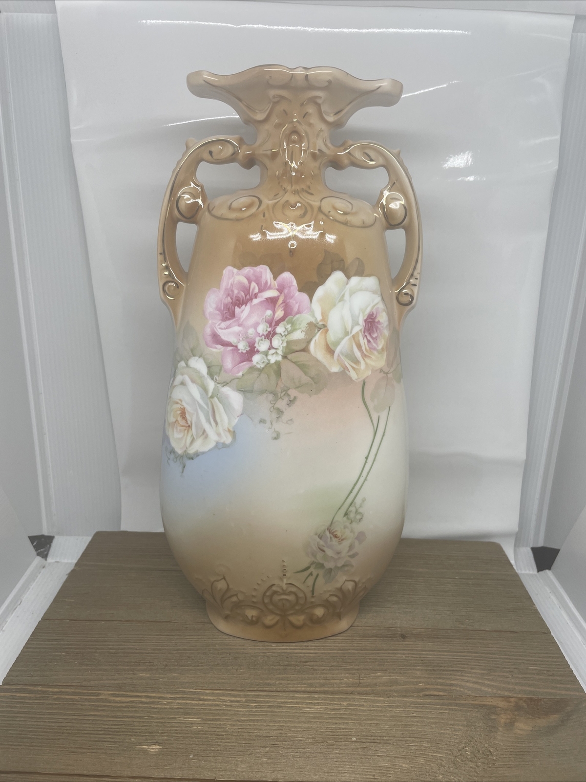 Vintage Victoria Czechoslovkia Crown Mark Luster Ware Vase Floral Rose Gold