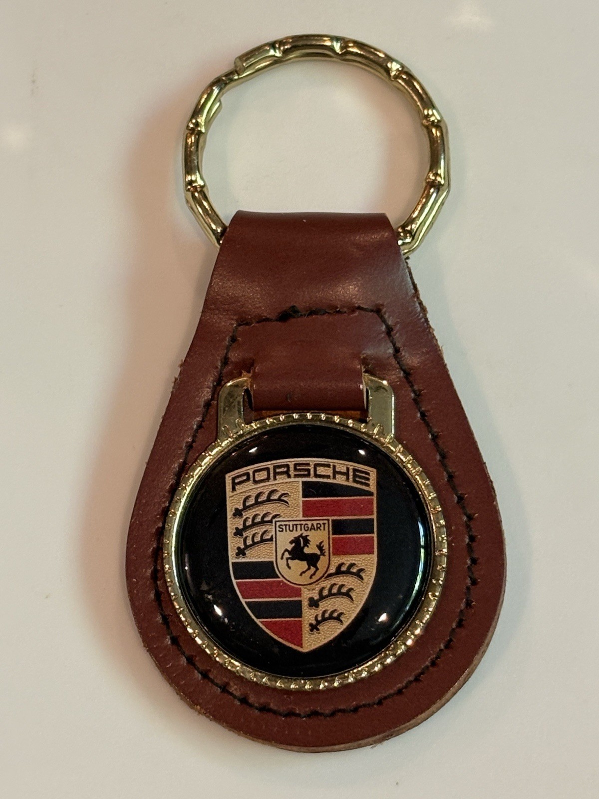 X RARE 1960s-70s”PORSCHE” METAL/BROWN LEATHER KEY FOB-SPEEDSTER-CARRARA-911 LQQK