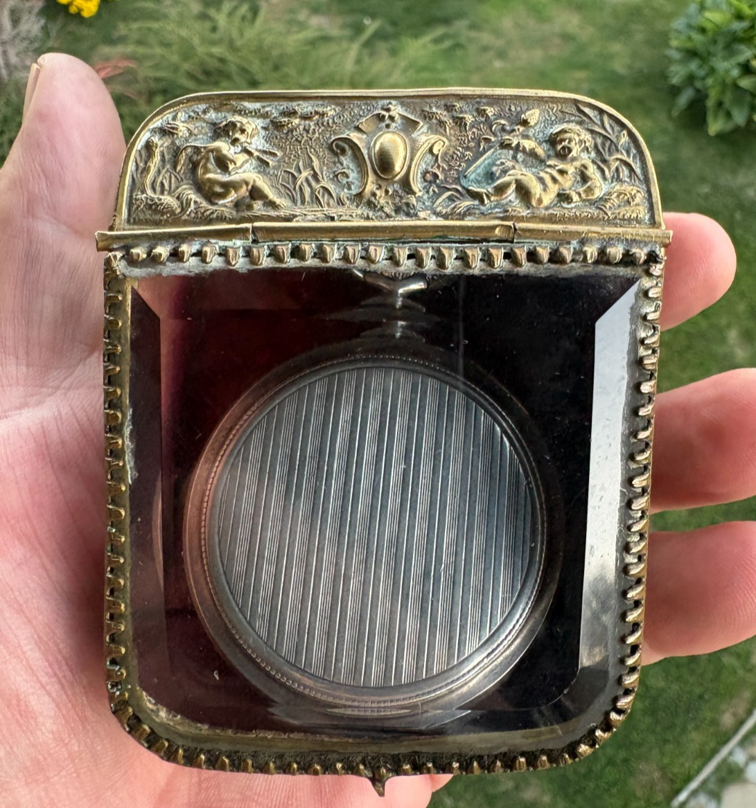 Antique French Pocket Watch Box Casket Napoleon III Beveled Glass Vitrine Putti