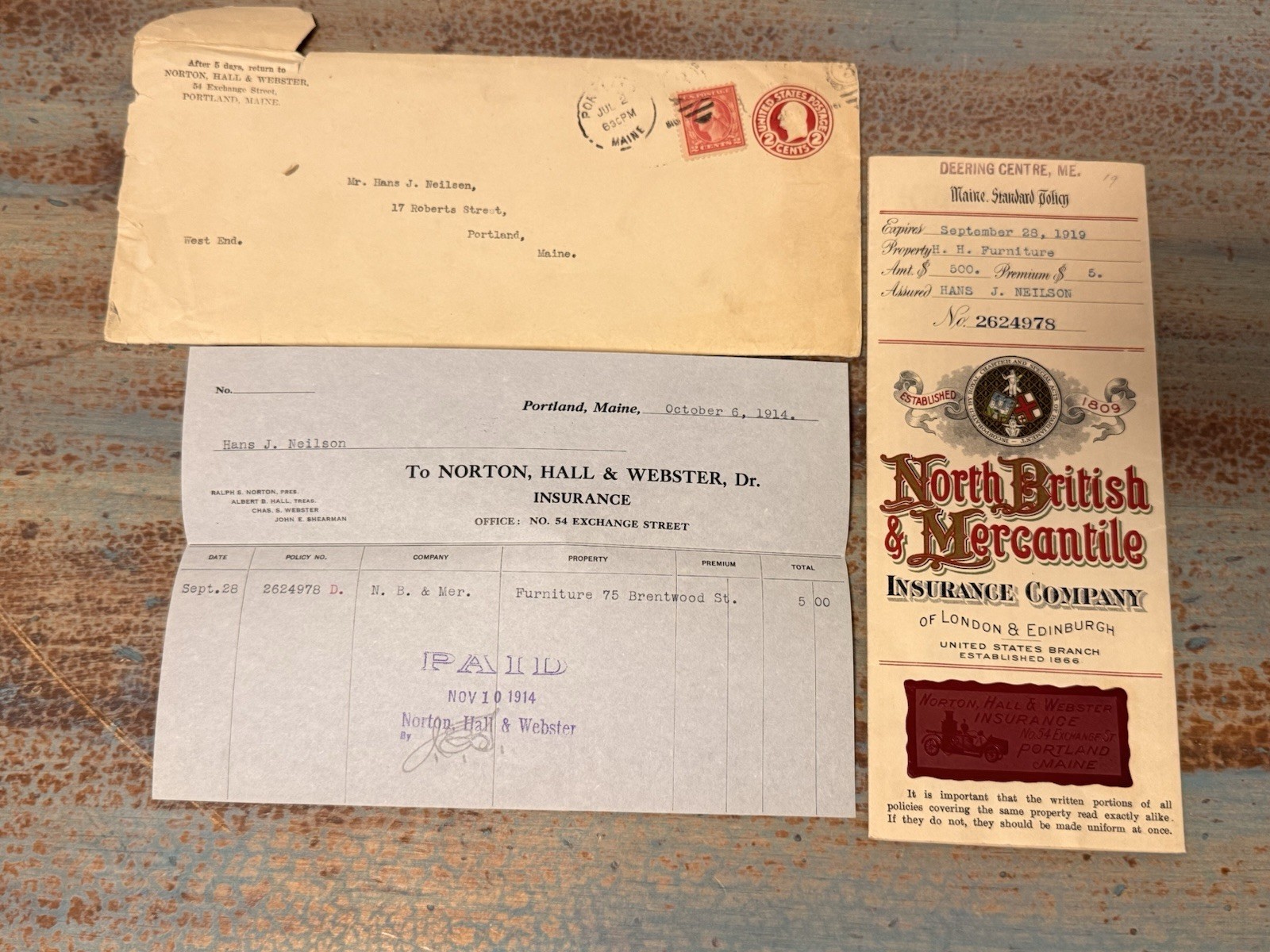 1914 North British & Mercantile Insurance Policy Portland Maine Ephemera Lot