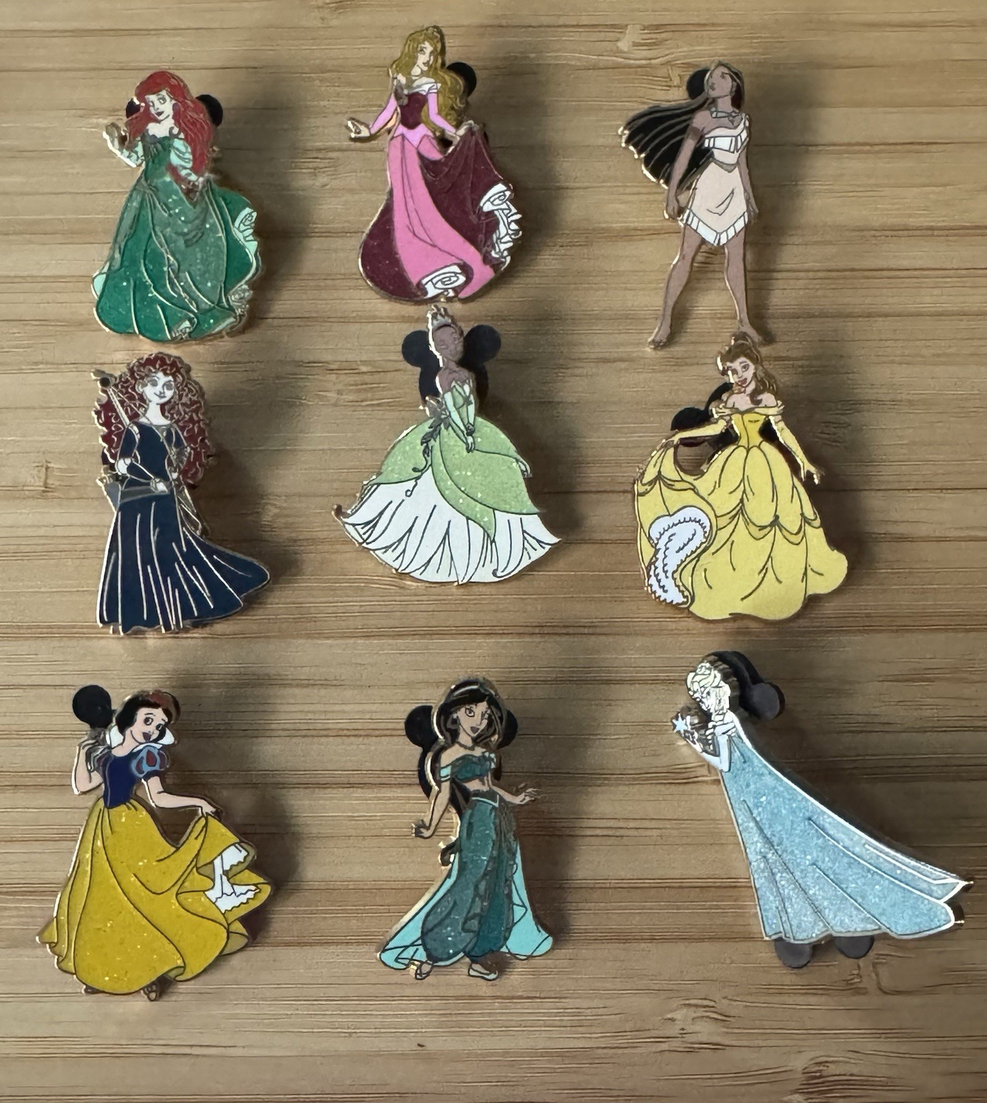 Lot Of 9 Disney Princess Pins Aurora Belle Merida Elsa Tiana Snow White Ariel