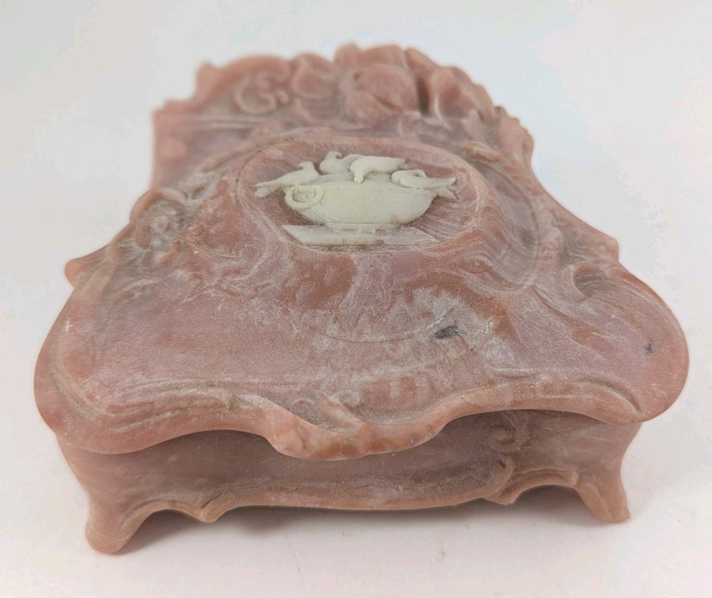 Vintage Incolay Stone Bathing Doves Bird Jewelry Trinket Box Hinged Pink Storage