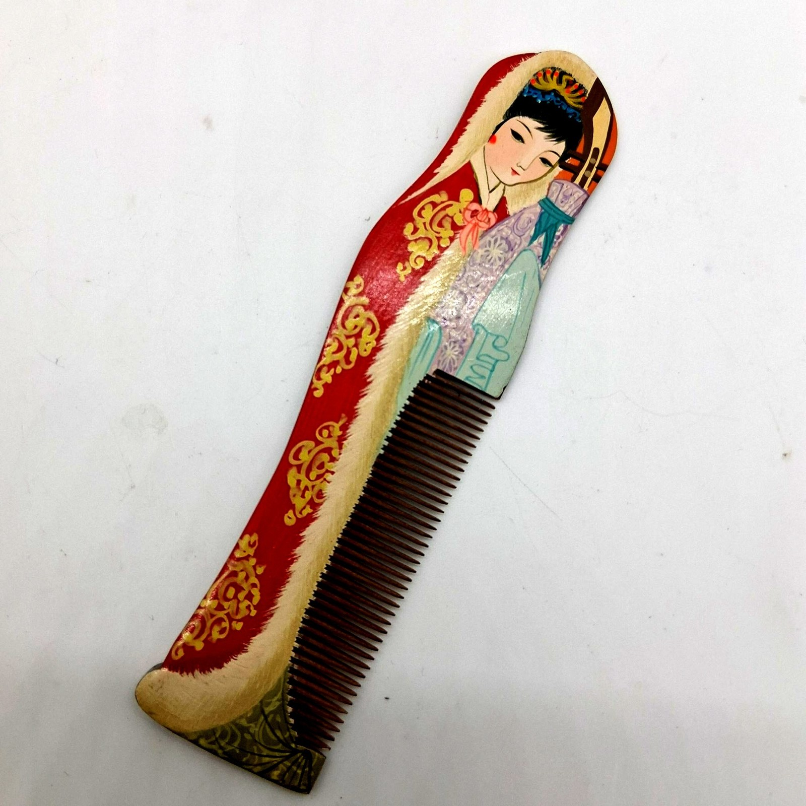 Vintage Wooden Hand Painted Japanese Geisha Girl Comb Collectible