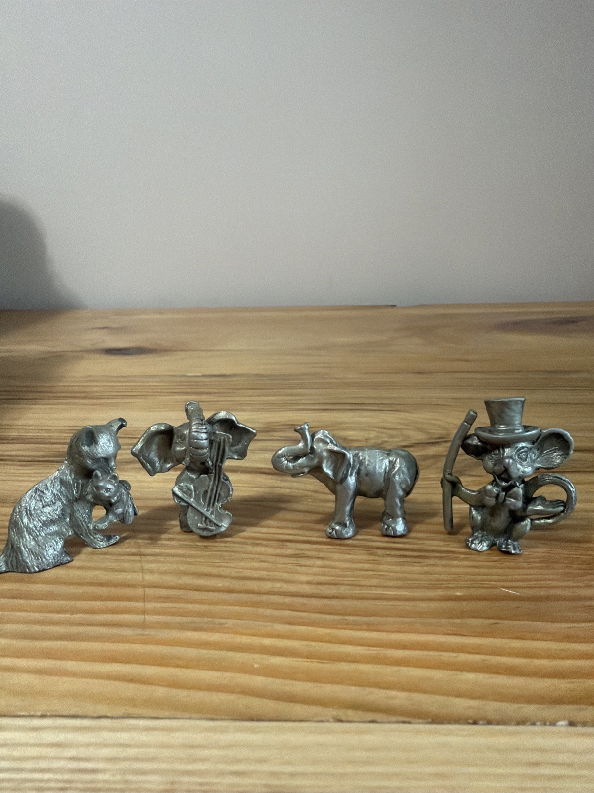 Mini Pewter Animal Figurines. Elephants, Mouse Fox. Lot Of 4