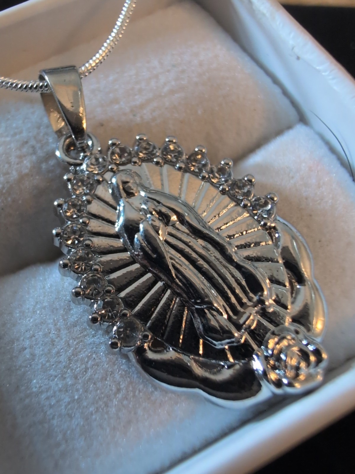 Sterling Silver Saint Mother Mary Prayer Protection Strength Medallion Zircon