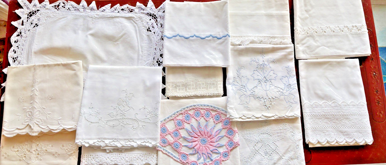13 STUNNING ANTIQUE/VTG WHITE PILLOW CASES, LINEN/COTTON, LACE, EMBROIDERY, TRIM