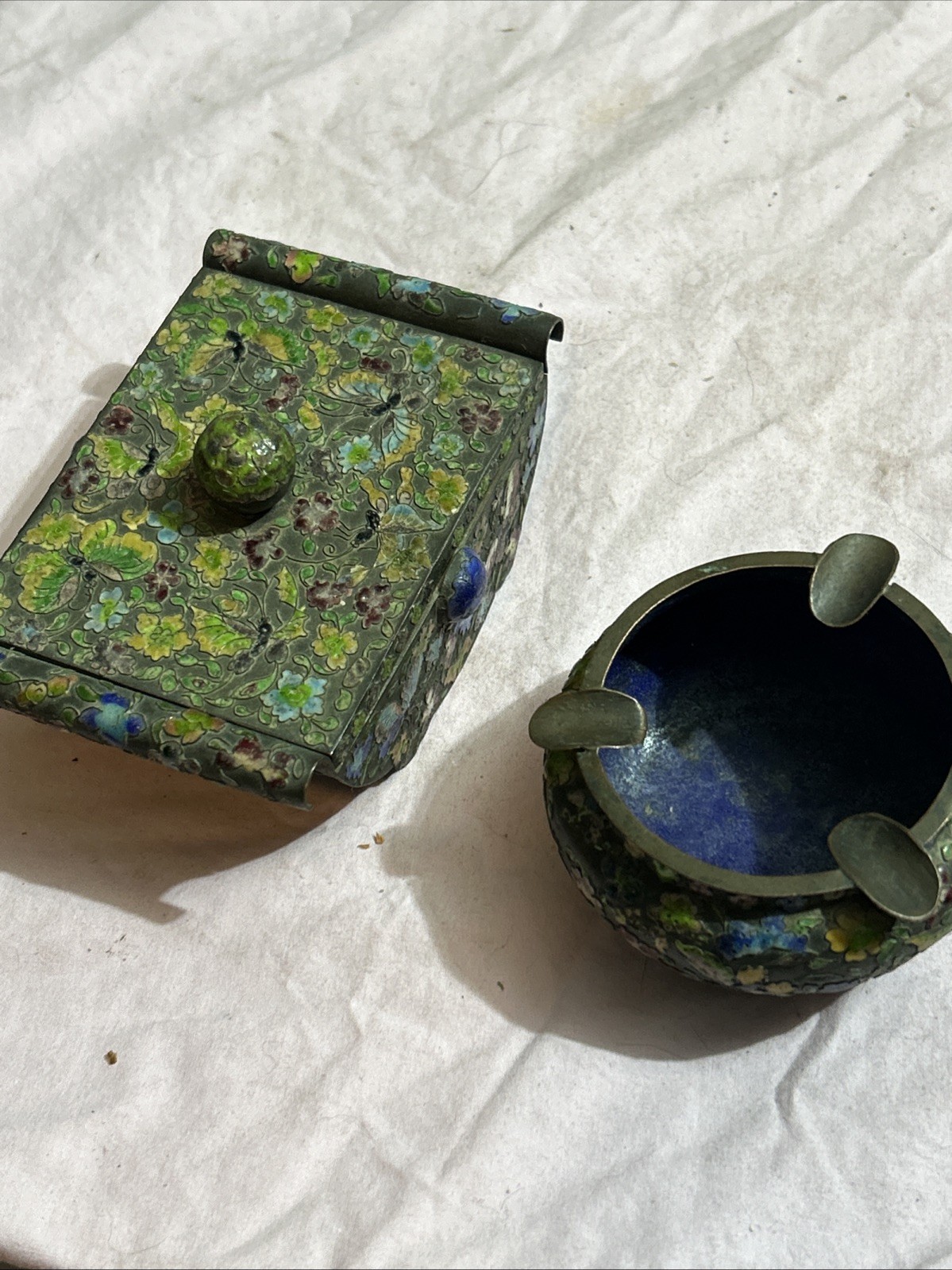 Vintage cloisonne enamel Ashtray And Cigarette Box.