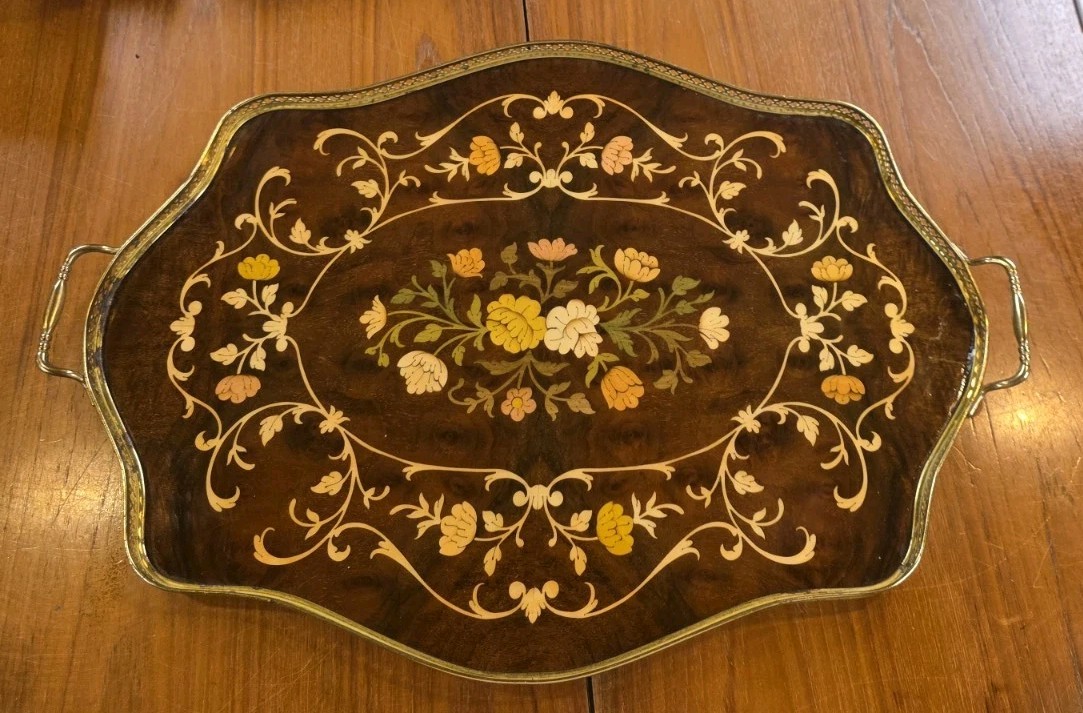 VTG Italian Marquetry Wood Inlay SORRENTO Tray Brass  Handles  23
