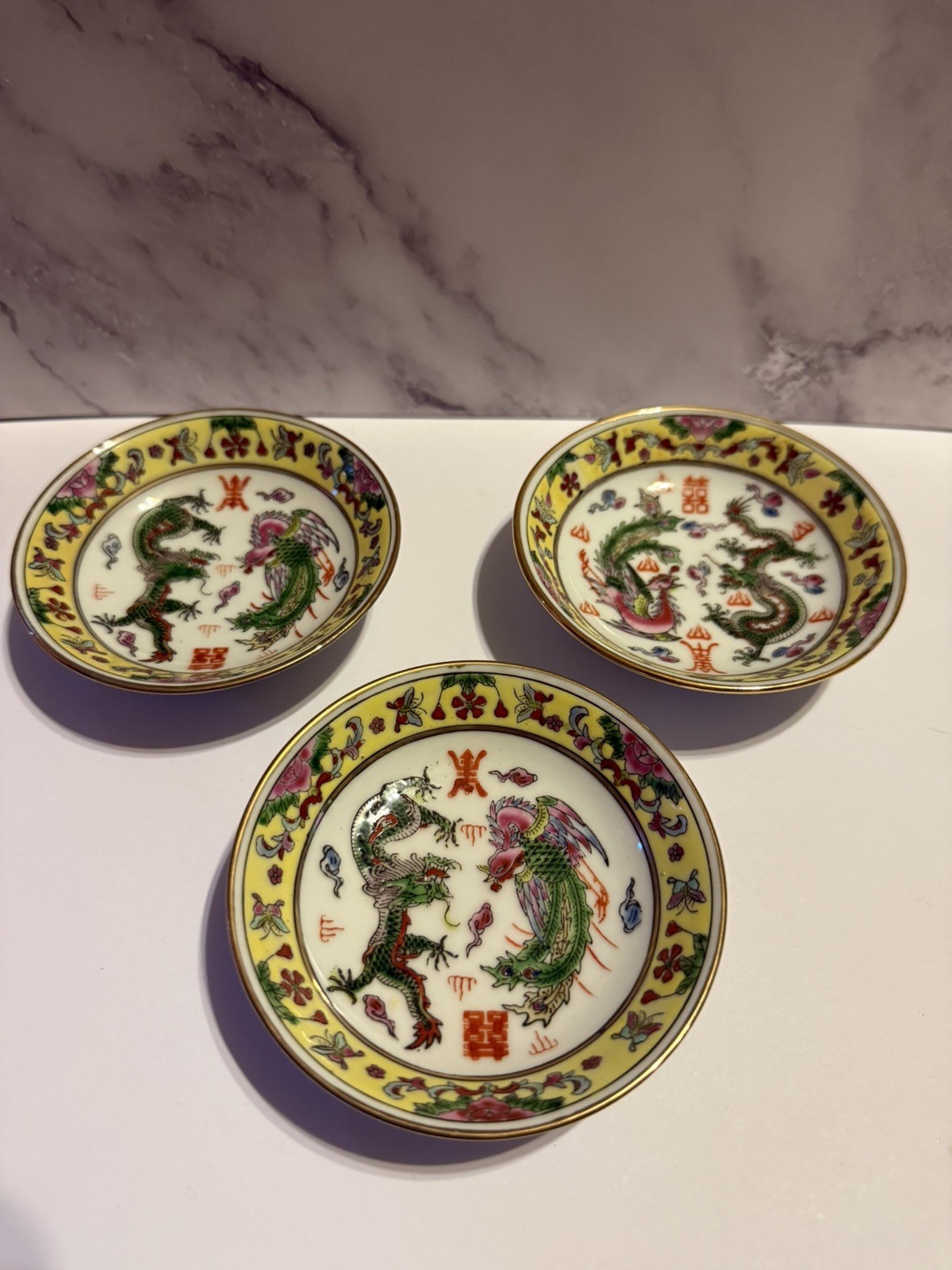 Vintage Chinese Dragon and Phoenix Bowls Jingdezhen 4” lot of 3