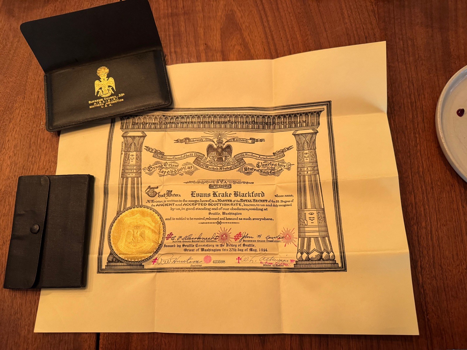 1944 CERTIFICATE THE SUPREME COUNCIL OF THE 33 DEGREE