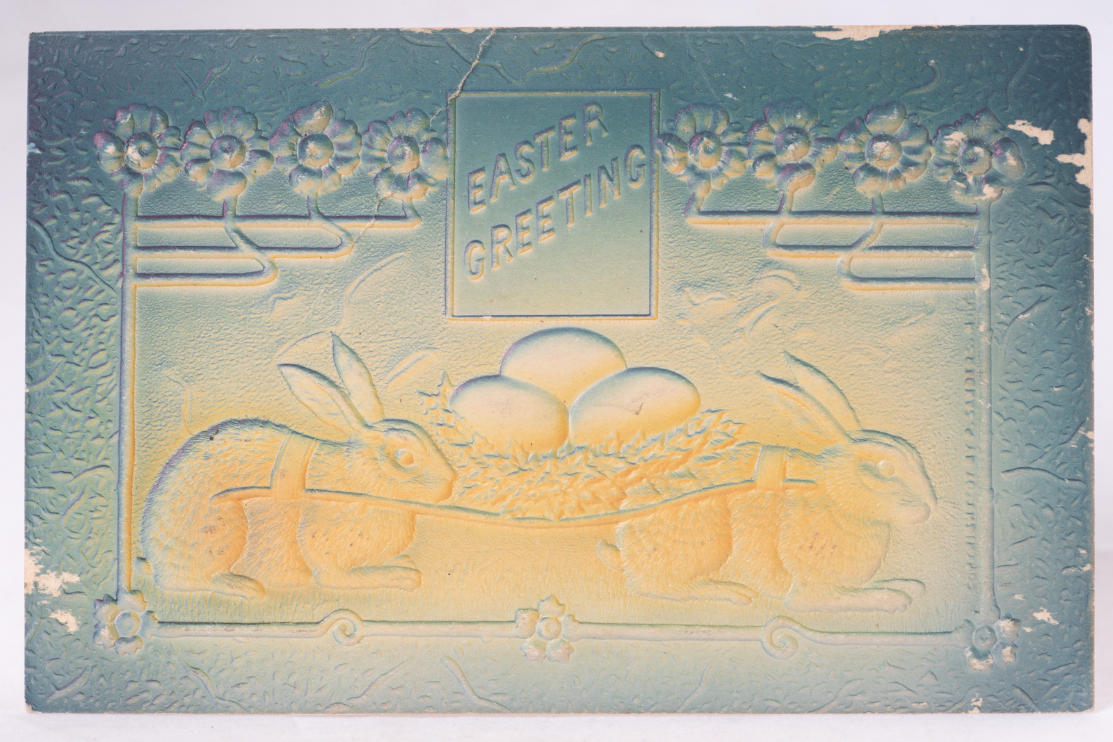 Victorian Easter Bunnies Carrying Eggs Hand Airbrushed Embossed Postcard c1909