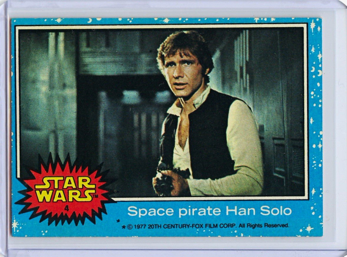 1977 Topps Star Wars #4 Han Solo Space Pirate Series 1 Blue Asterisk Misprint 1977 Topps Star Wars #4 Han Solo Space Pirate Series 1 Blue Asterisk Misprint