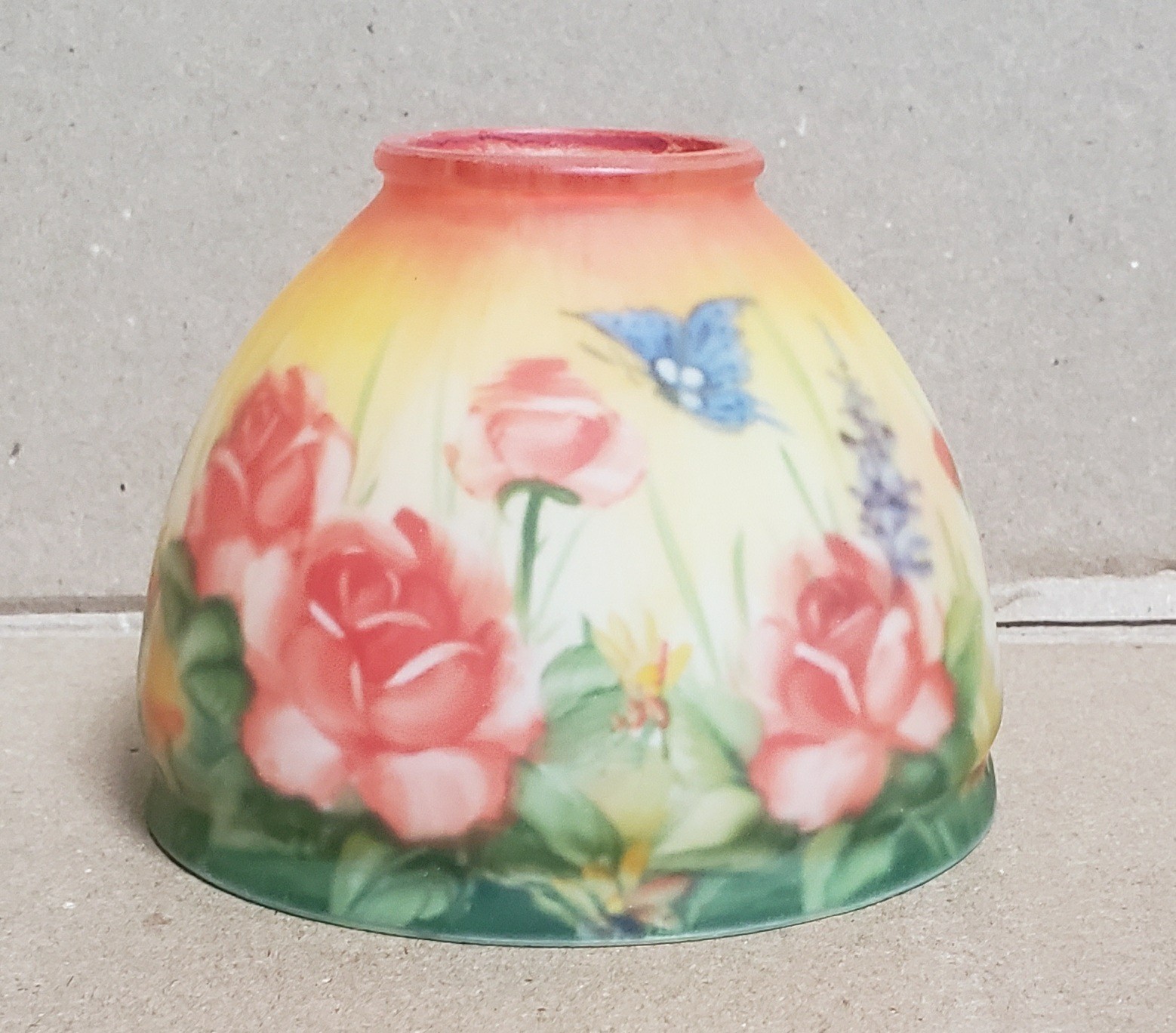 Vtg Reverse Painted Glass Fairy Lamp Shade Floral Roses Butterfly 4.5” Fitter