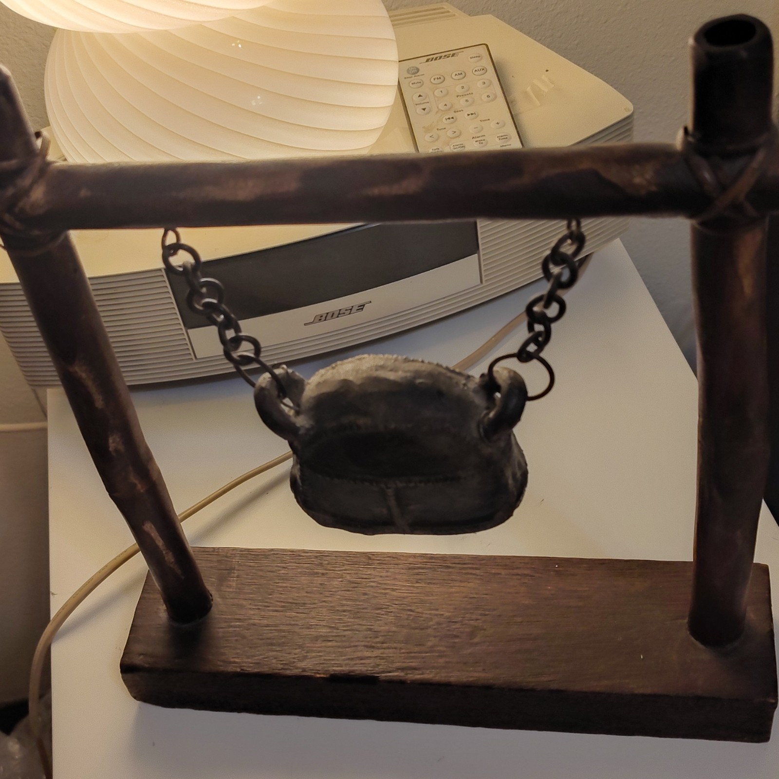 Vintage Burmese Bronze Elephant Bell on Wooden Stand Temple Altar Gong Rutic
