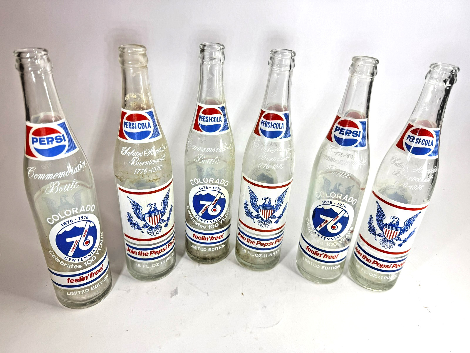 6 Vintage 1976 Pepsi Colorado Centennial Limited Edition Glass Bottles Empty