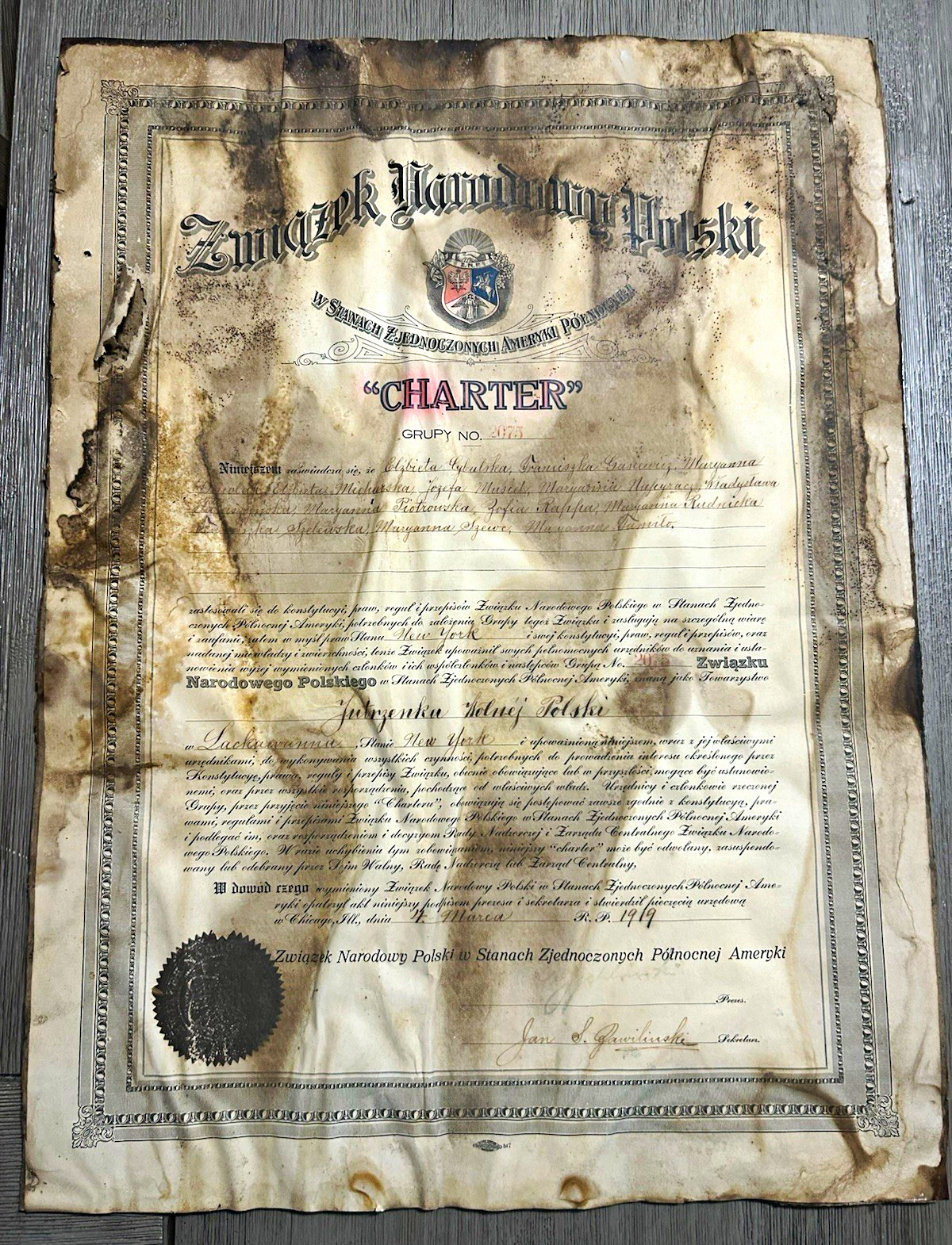 1919 Vintage Polish National Alliance Charter Document Group 2075 Lackawanna NY
