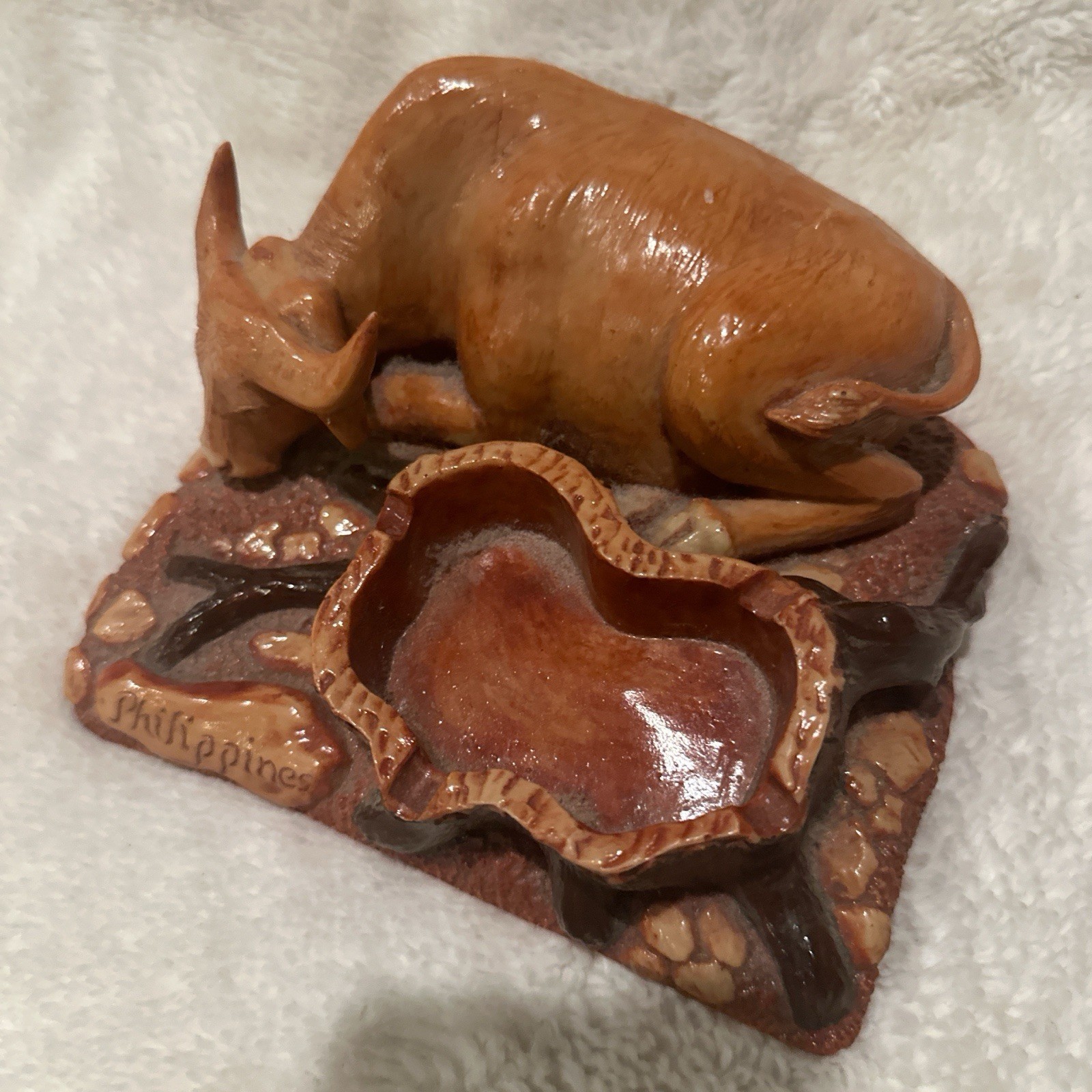Carabao Water Buffalo Ashtray Carved Figurine Phillipines Red Velvet Bottom Vtg