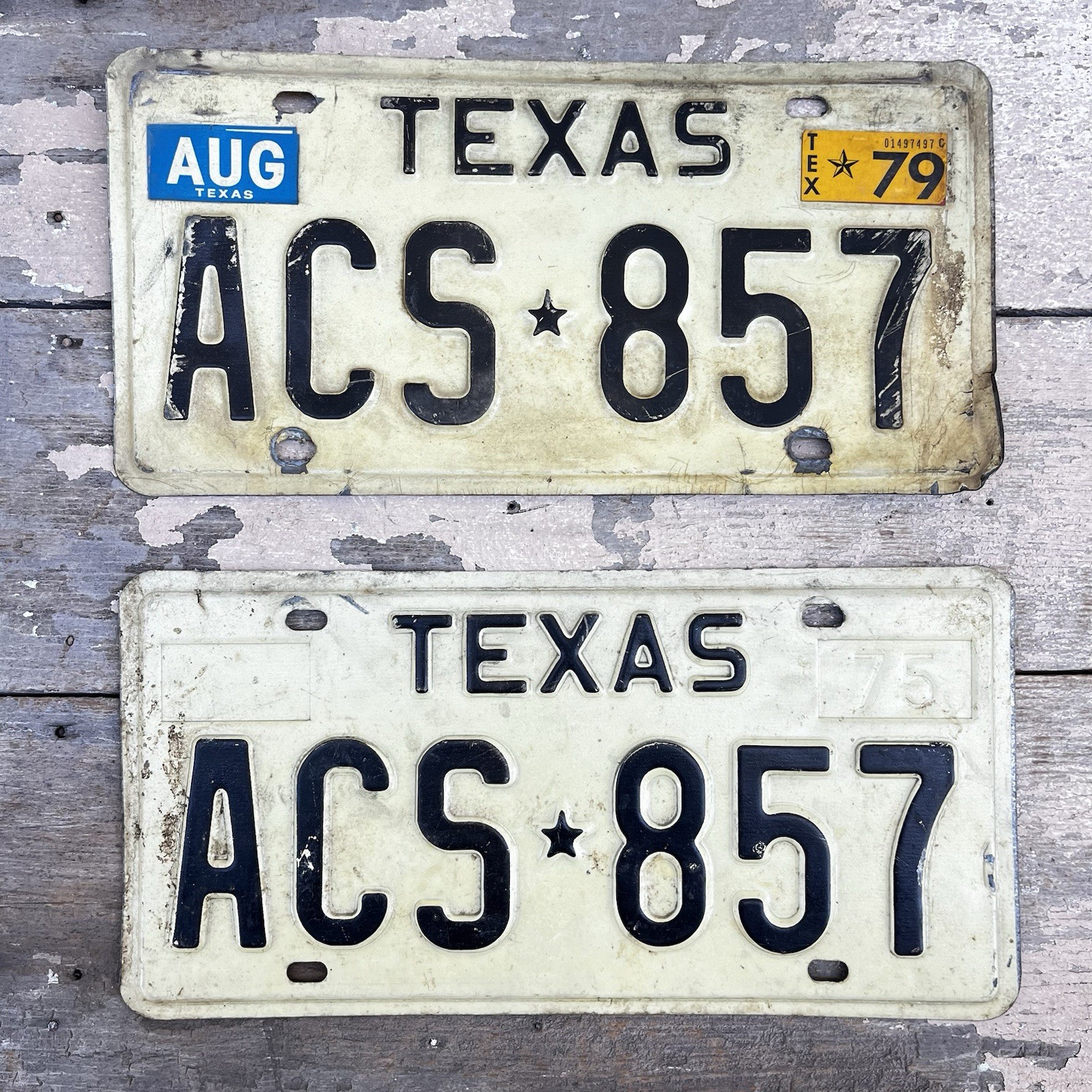 Vintage 1970s Texas License Plate Pair ACS-857 1975 1979 Registration Tags
