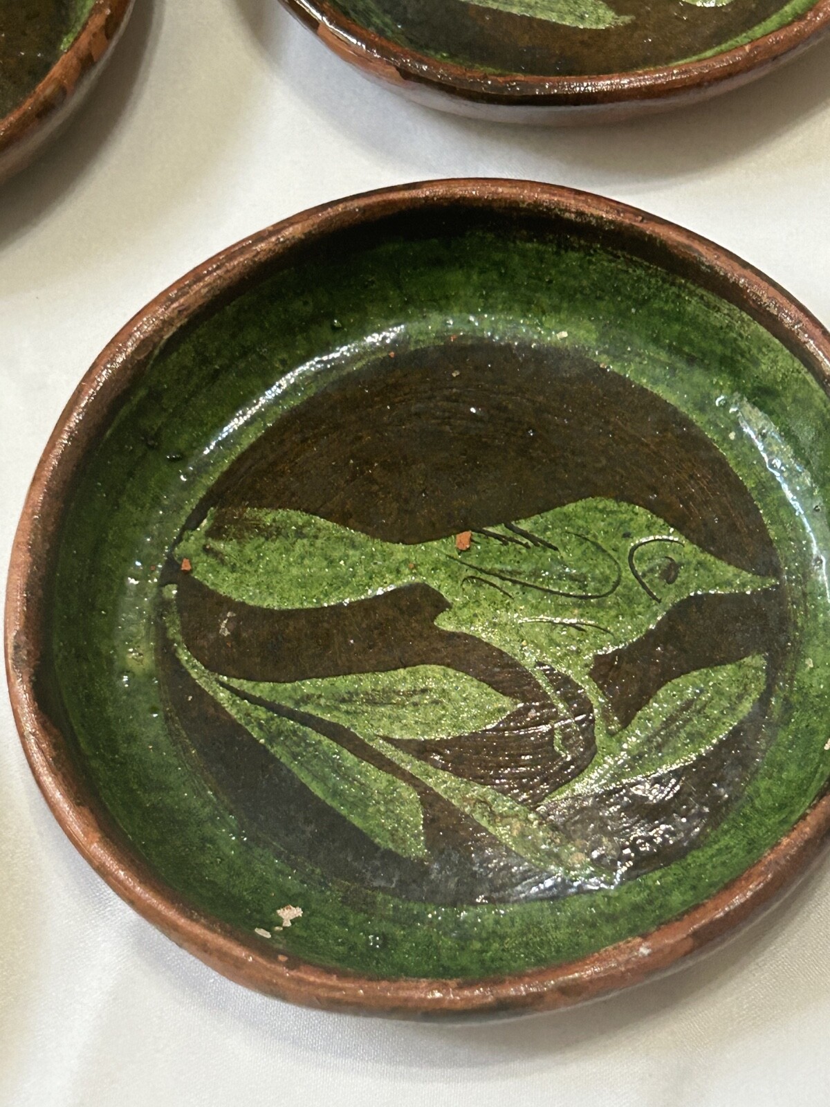 Patamban Michoacan Saucer Green Fish Red Ware Pottery Mexican Folk Art 8pc