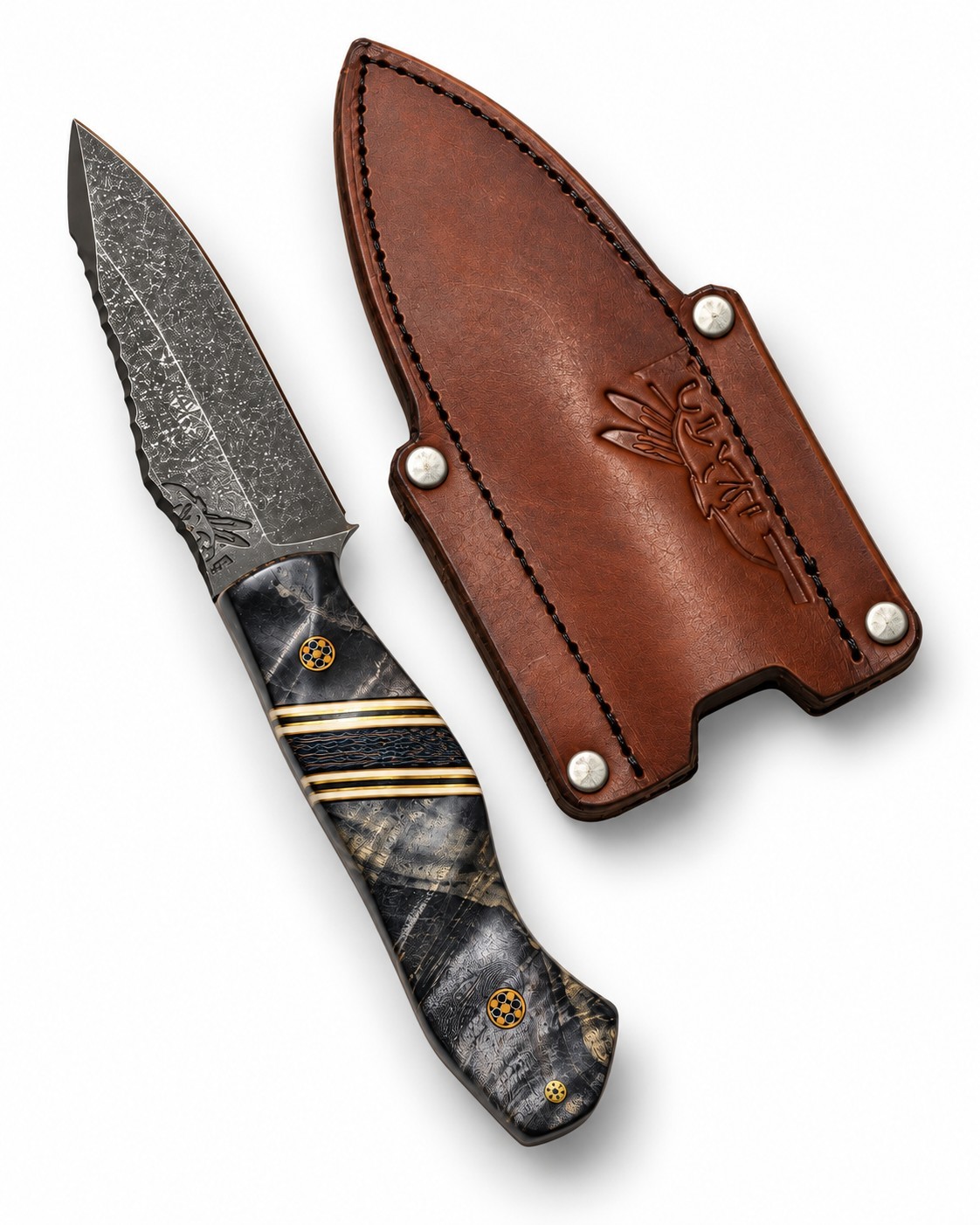 Half Face Blades HFB Field Knife Buckeye Burl G10 Mosaic Pins Leather Sheath
