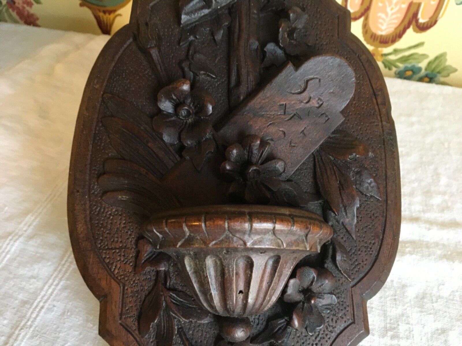 19 Century Swiss Black Forest Hand Carved Holy Water Font