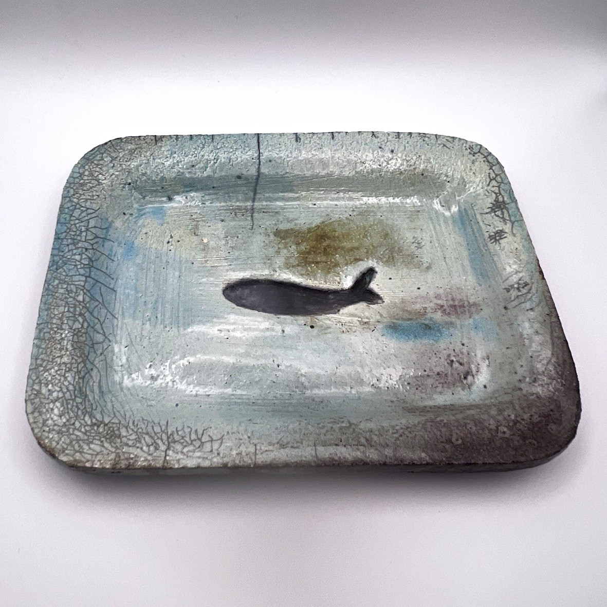 Handmade Ceramic Whale Plate Blue/Grey Crackle Finish Rectangular Art Pottery