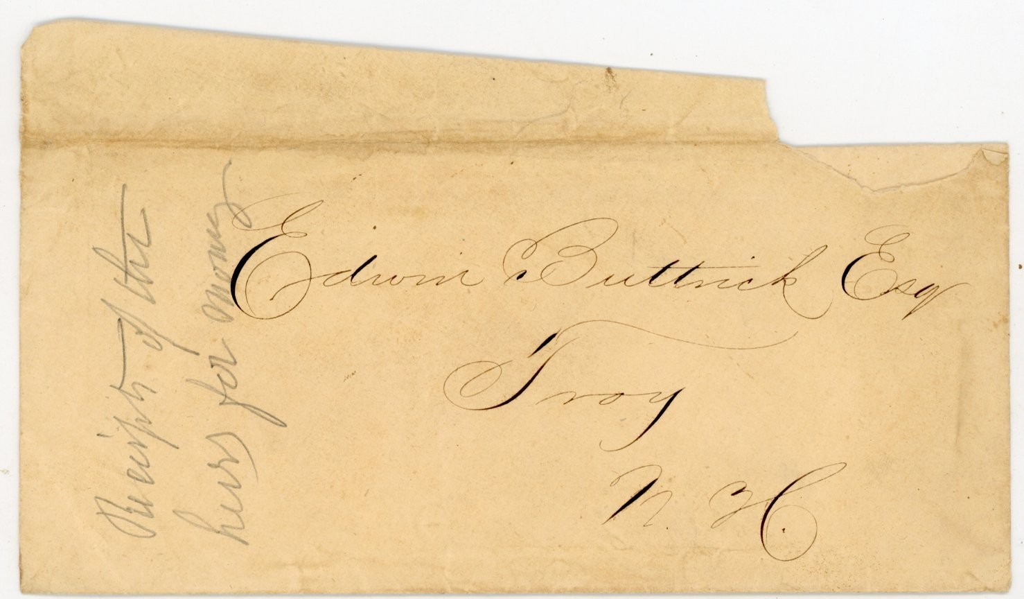 c.1830s Handwritten Calligraphy Slip Edwin Buttrick Esq. Troy NY Stampless Cover