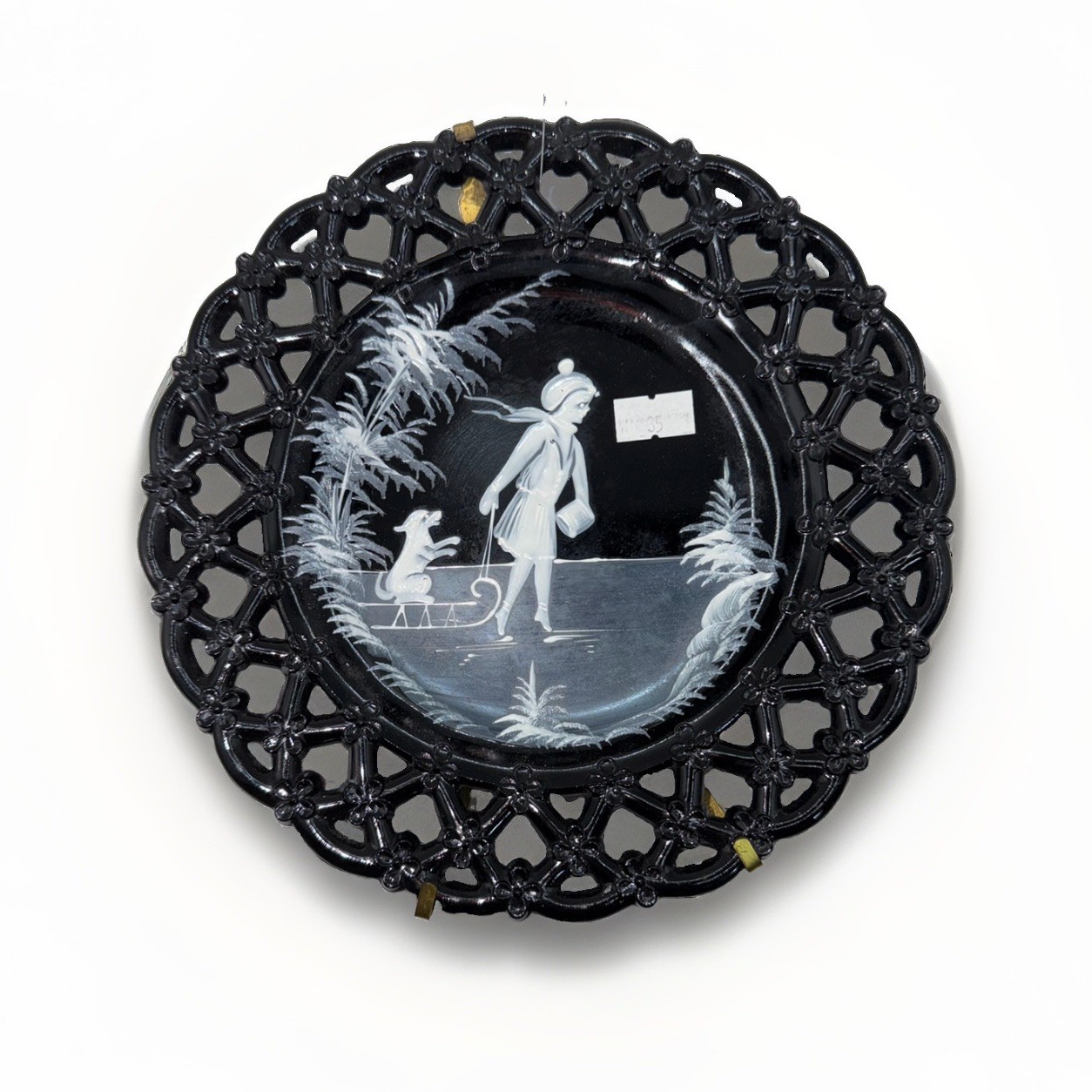 Vintage Westmoreland Black Glass Reticulated Plate Mary Gregory Winter Sled 8.5\