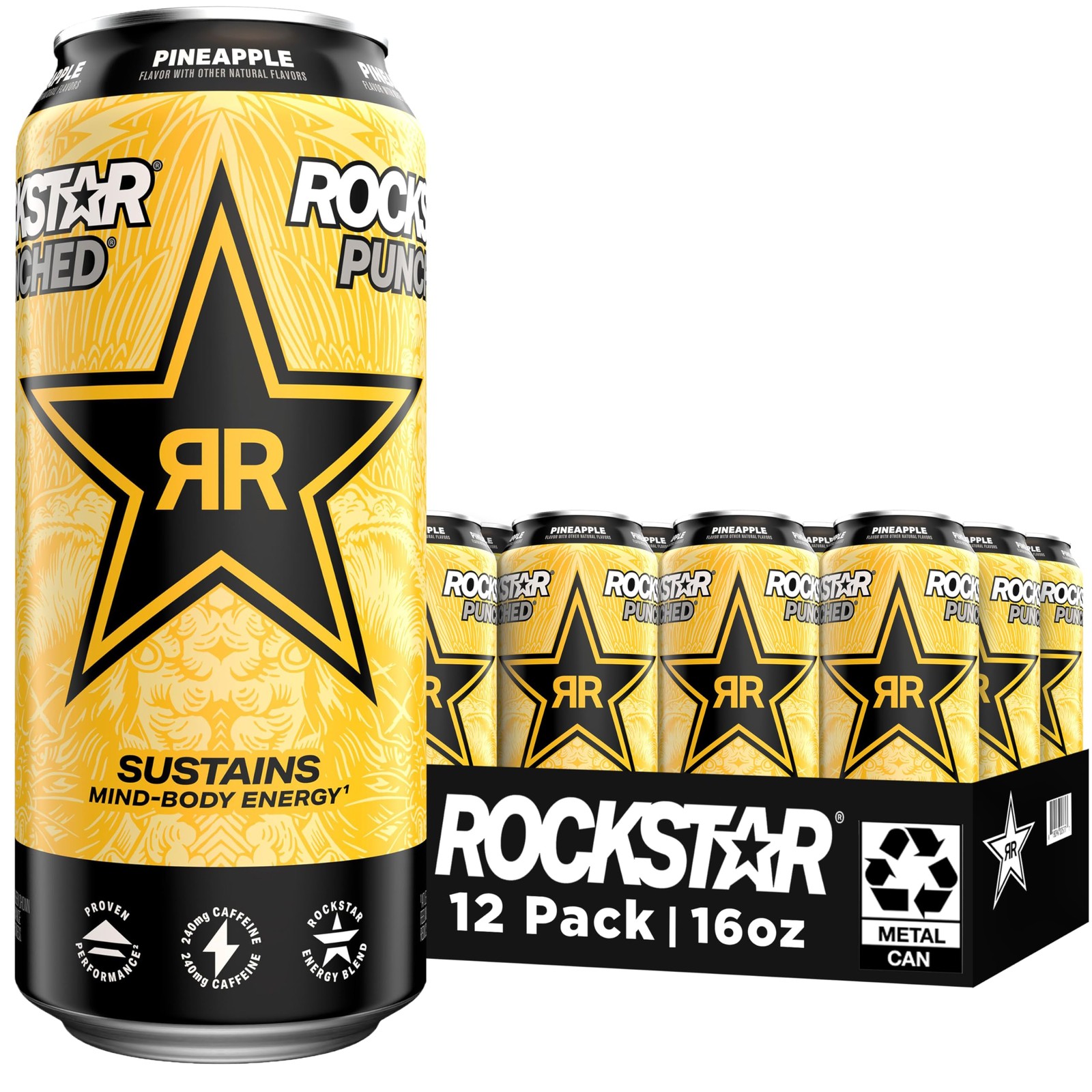 Rockstar Punched Energy Drink, Pineapple, 16 Fl Oz Cans 16 (Pack of 12) Rockstar Punched Energy Drink, Pineapple, 16 Fl Oz Cans 16 (Pack of 12)