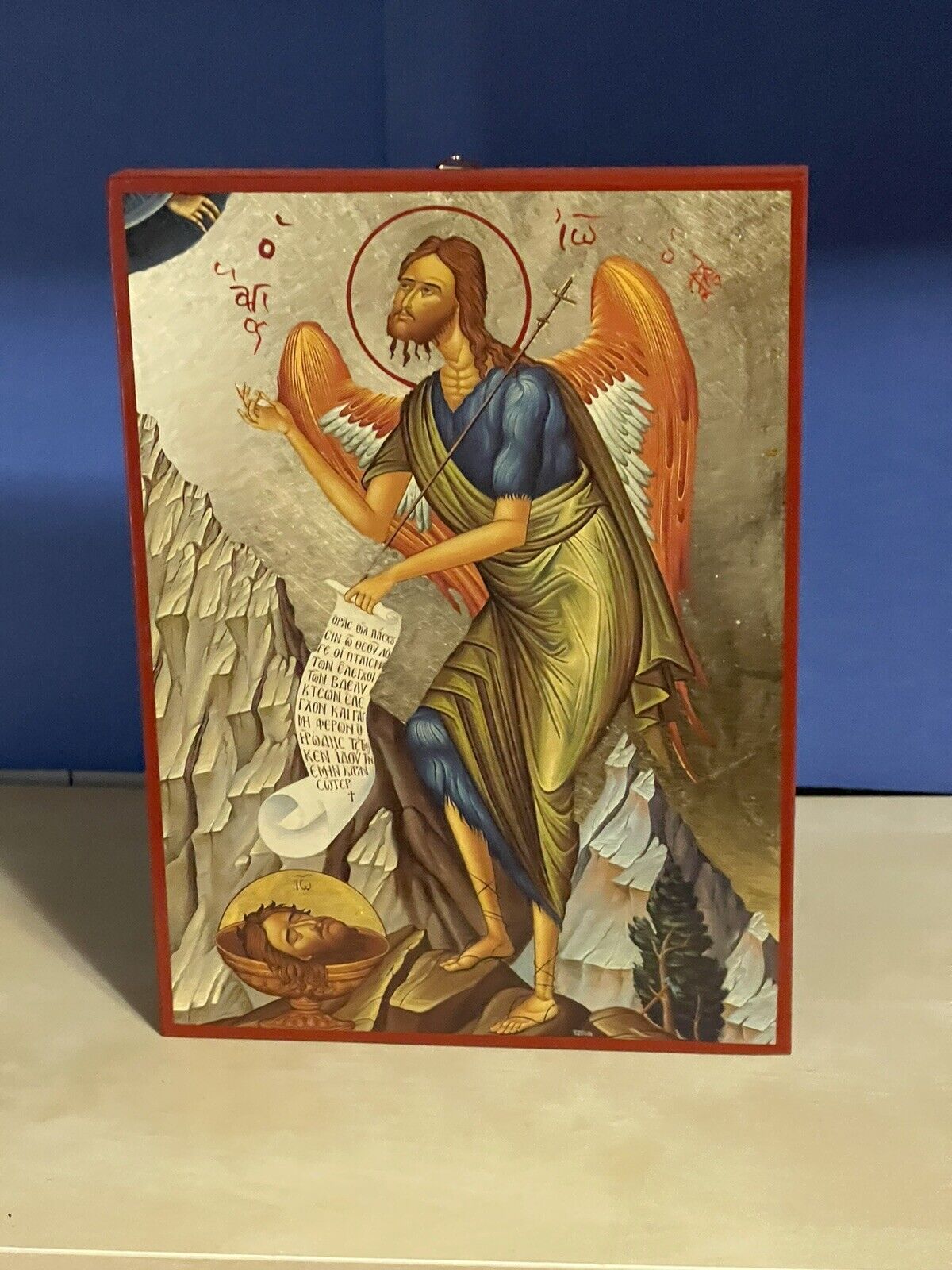 SAINT JOHN THE FORERUNNER, BIRD OF DESERT WOODEN ICON FLAT, WITH GOLD LEAF 5x7in