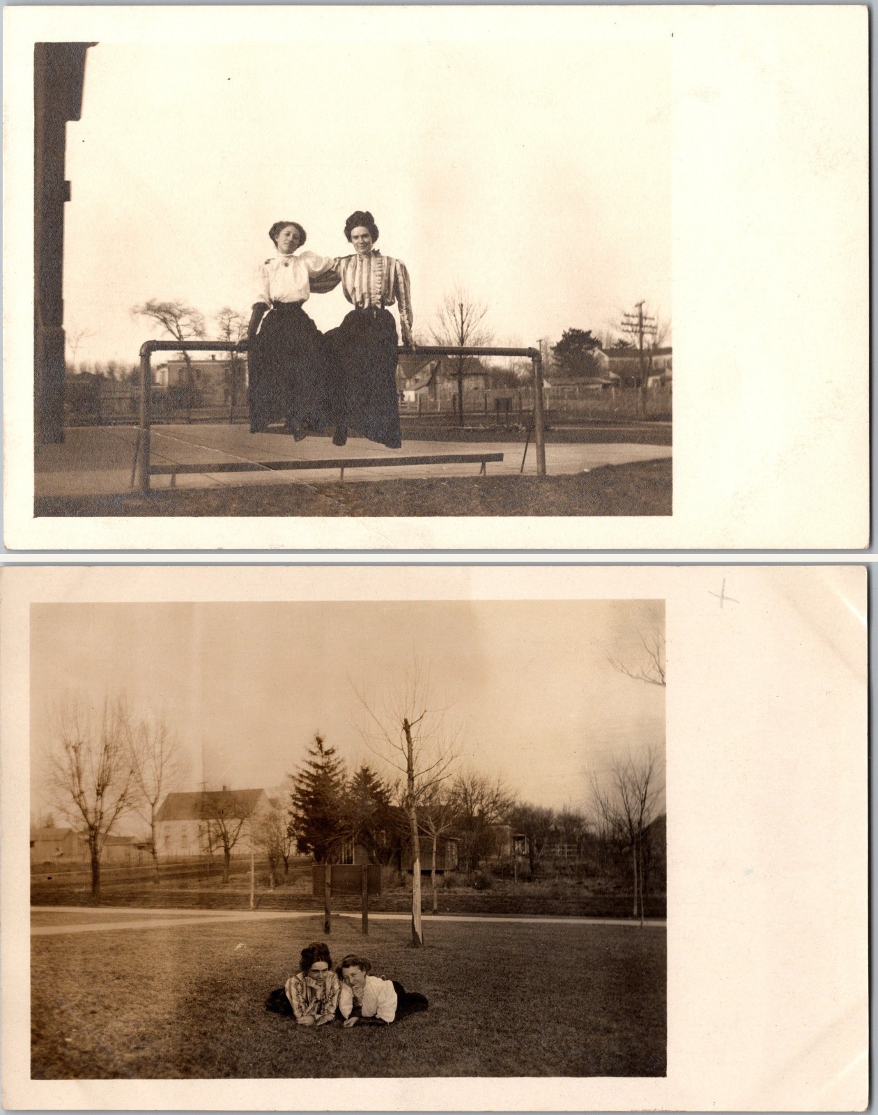 Set of 2 Antique RPPC Postcards Women Friends Lawn Candids Striped Blouse 1910s