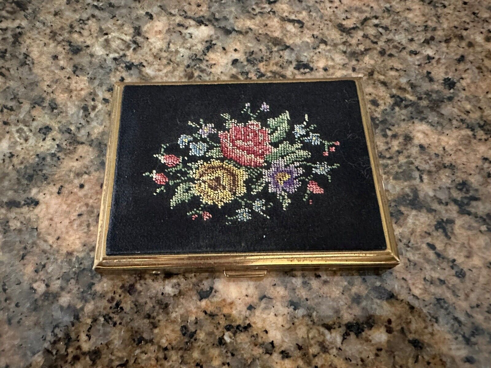 Vintage Embroidery Needlepoint Cigarette Case Gold Tone black w/ floral roses