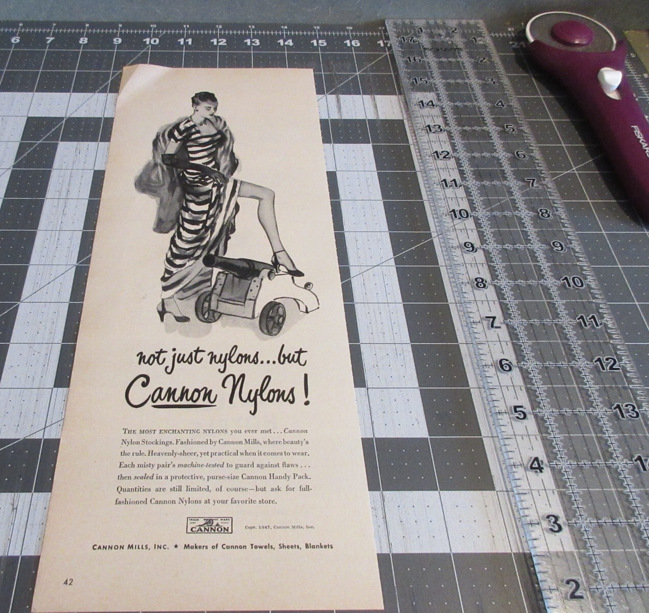 1947 Cannon Nylons, Famous Cannon Mills Woman Legs Art, Vintage Print Ad
