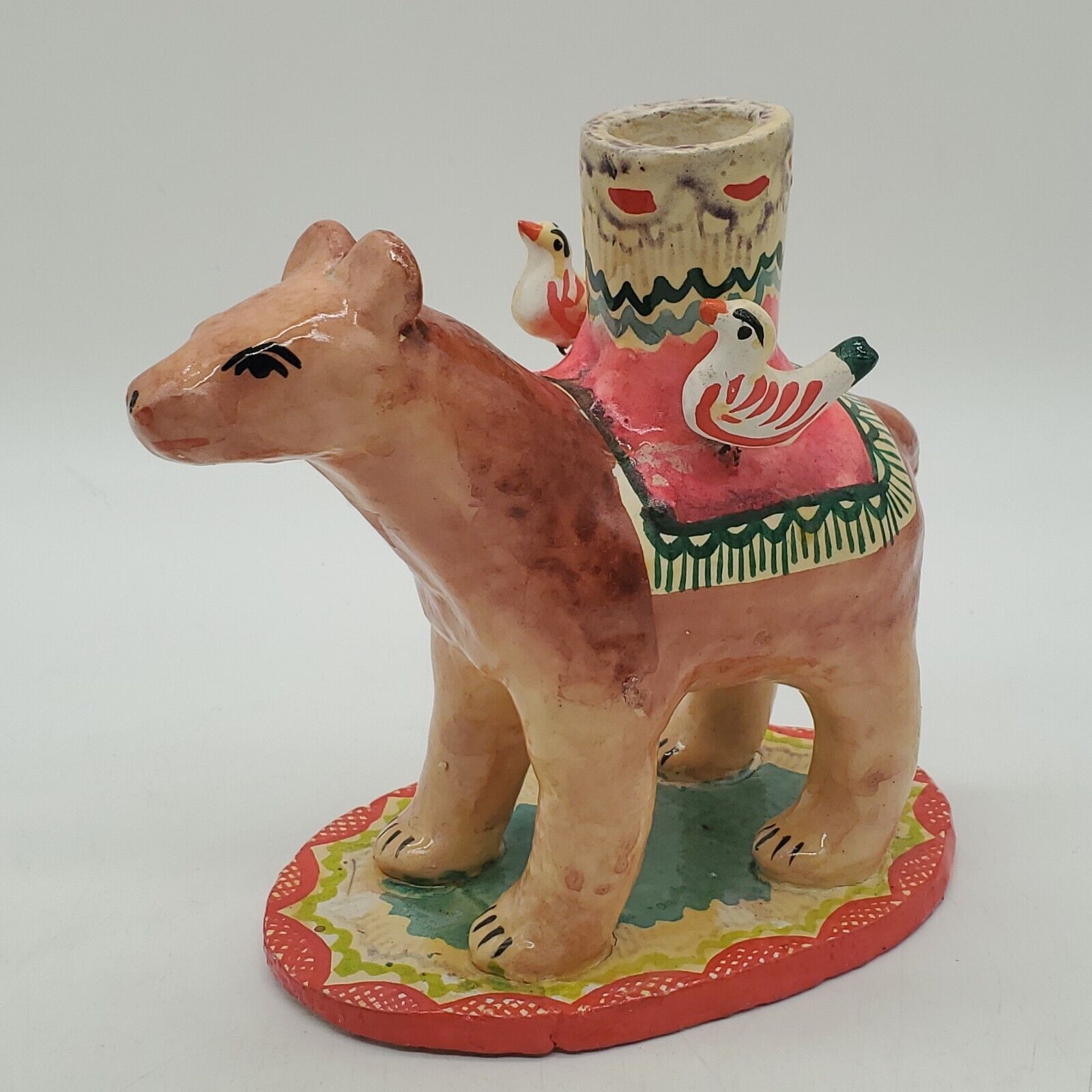 VTG Castillo Mexican Folk Art Pottery Bear / Dog Tree of Life Candle Holder