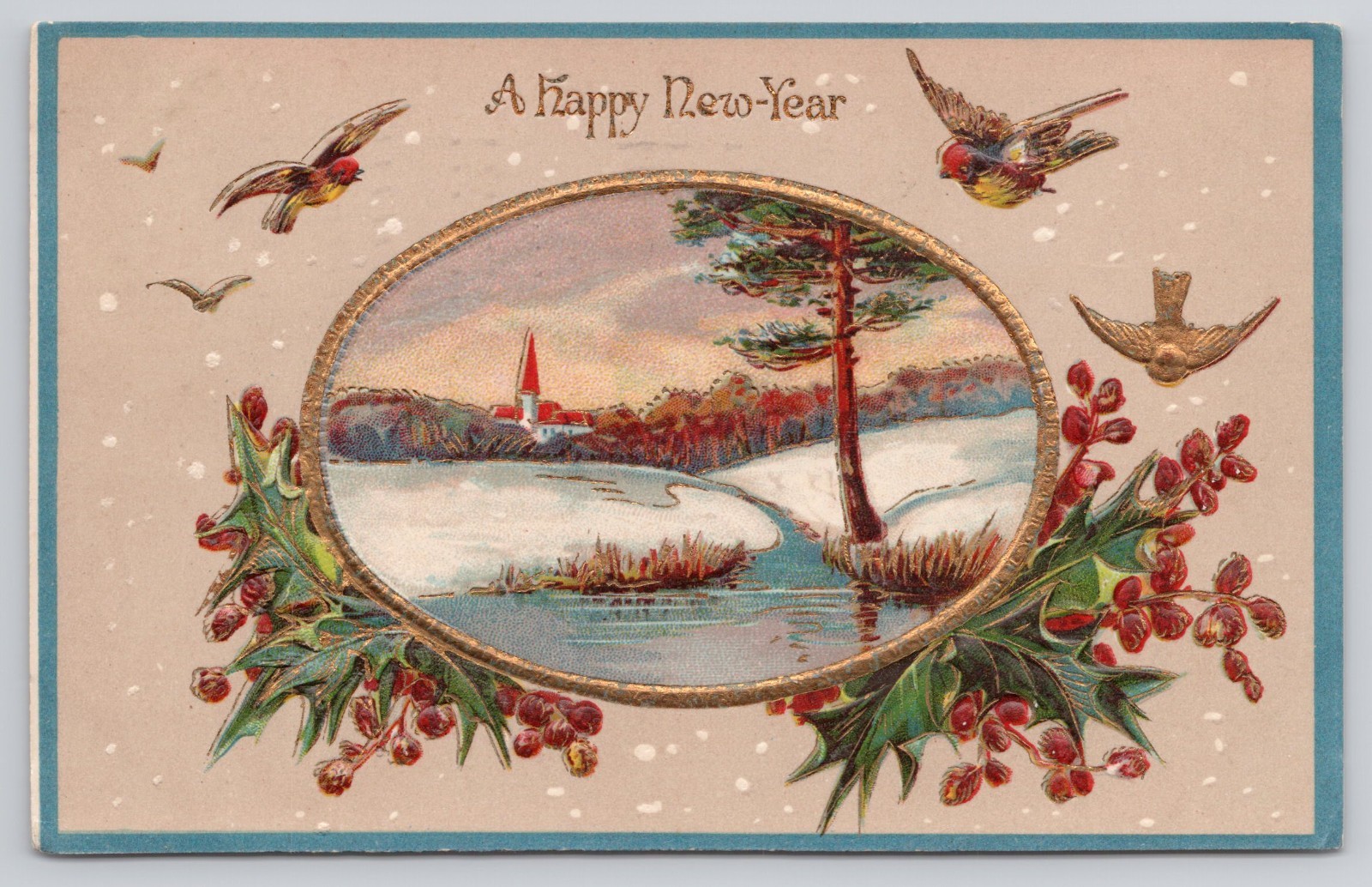 Happy New Year Birds Flying Snowy Scene Gold Trim Embossed 1908 Postcard