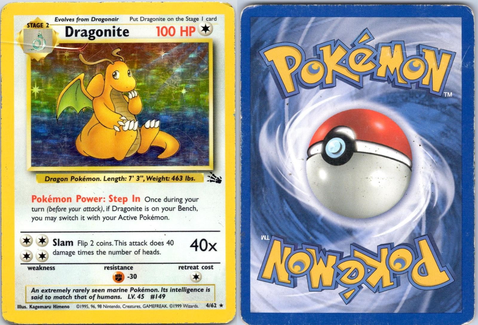 DRAGONITE 4/62 RARE FOSSIL POKEMON UNLIMITED HOLO
