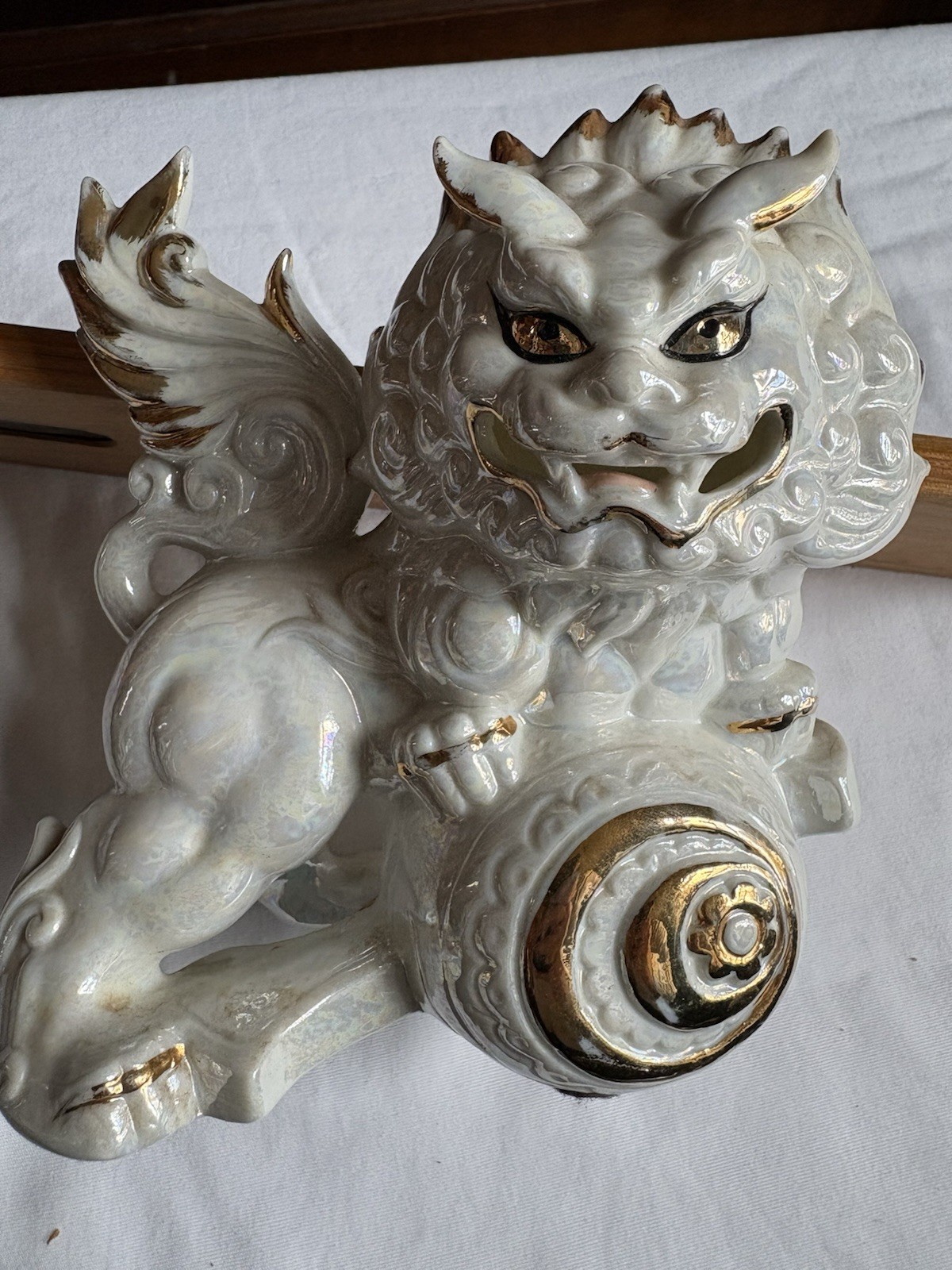 Yoshimi K. Iridescent Foo Dog Opaque Ivory and Gold  Fabulous Shishi Lion