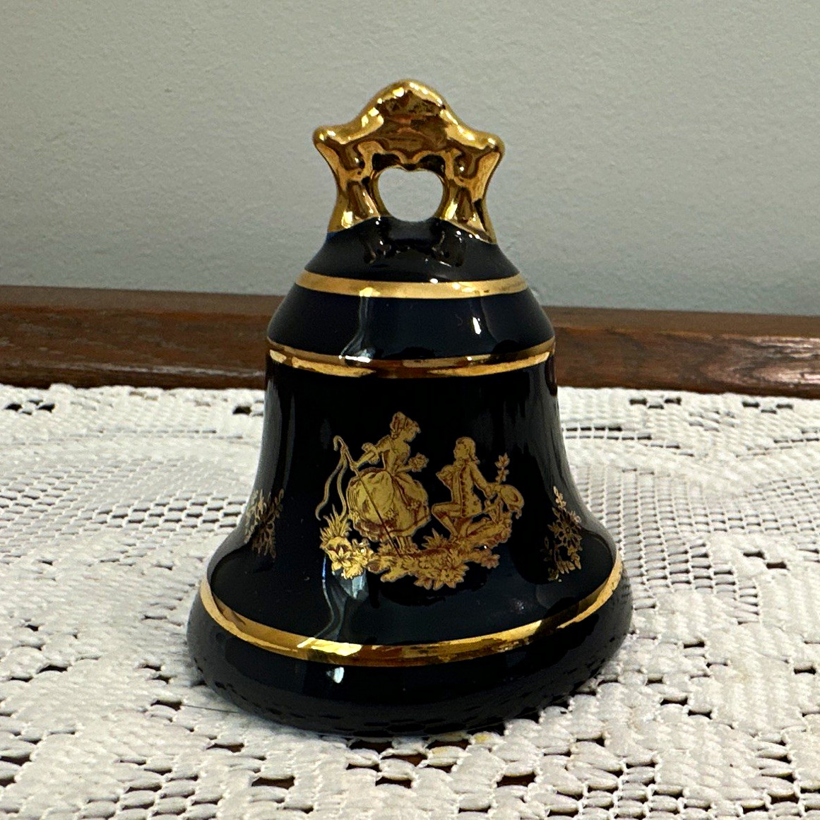 Vintage Limoges Castel France Porcelain Bell Cobalt Blue 22K Gold Proposal Scene