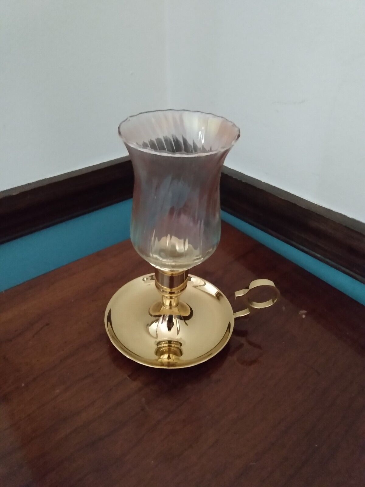 Brass Chamber Candlestick Window Candle Candleholder Clear &Pink Glass Hurricane