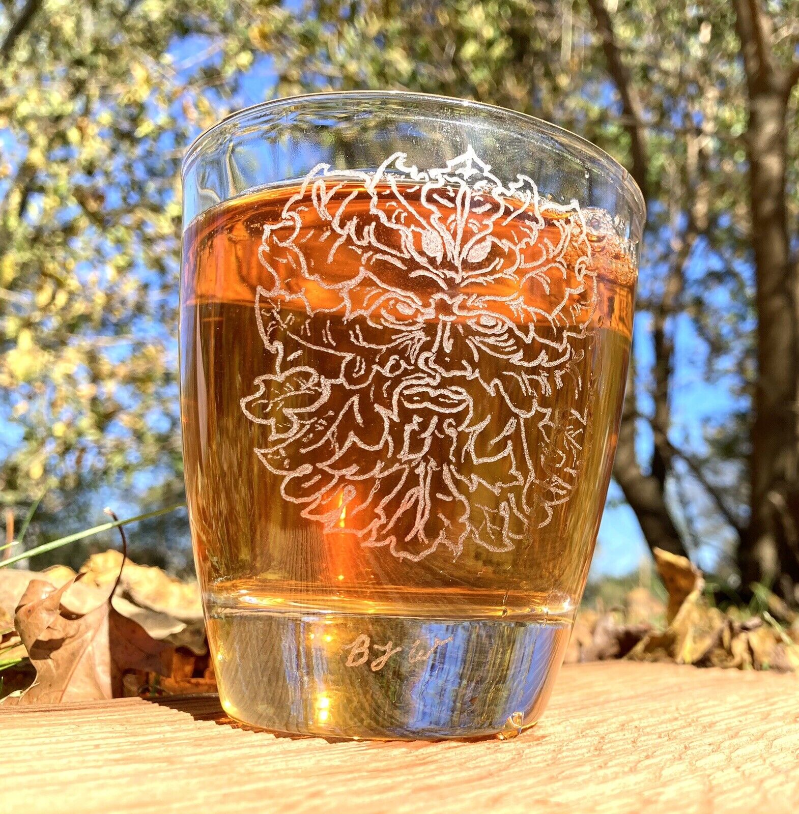 Green Man Pagan Etched Whiskey Glass 