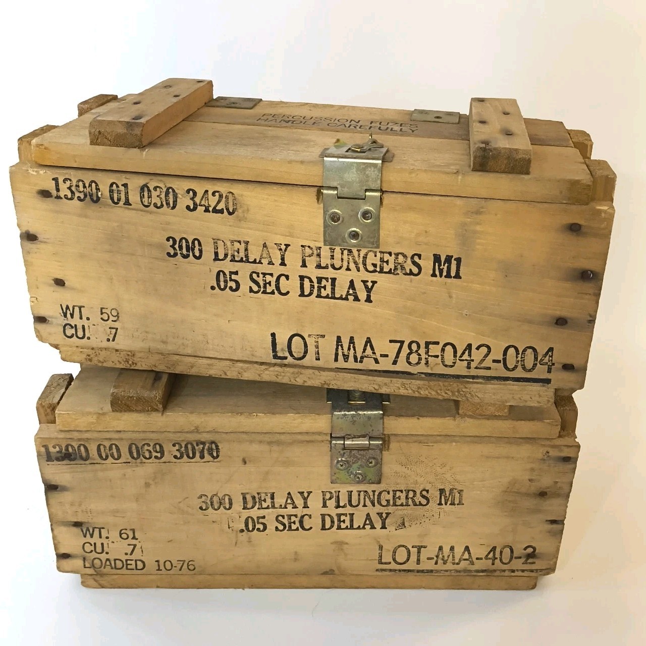 2x 1976 Military Wooden Storage Crate For Percussion Fuzes 300 Delay Plunger M1