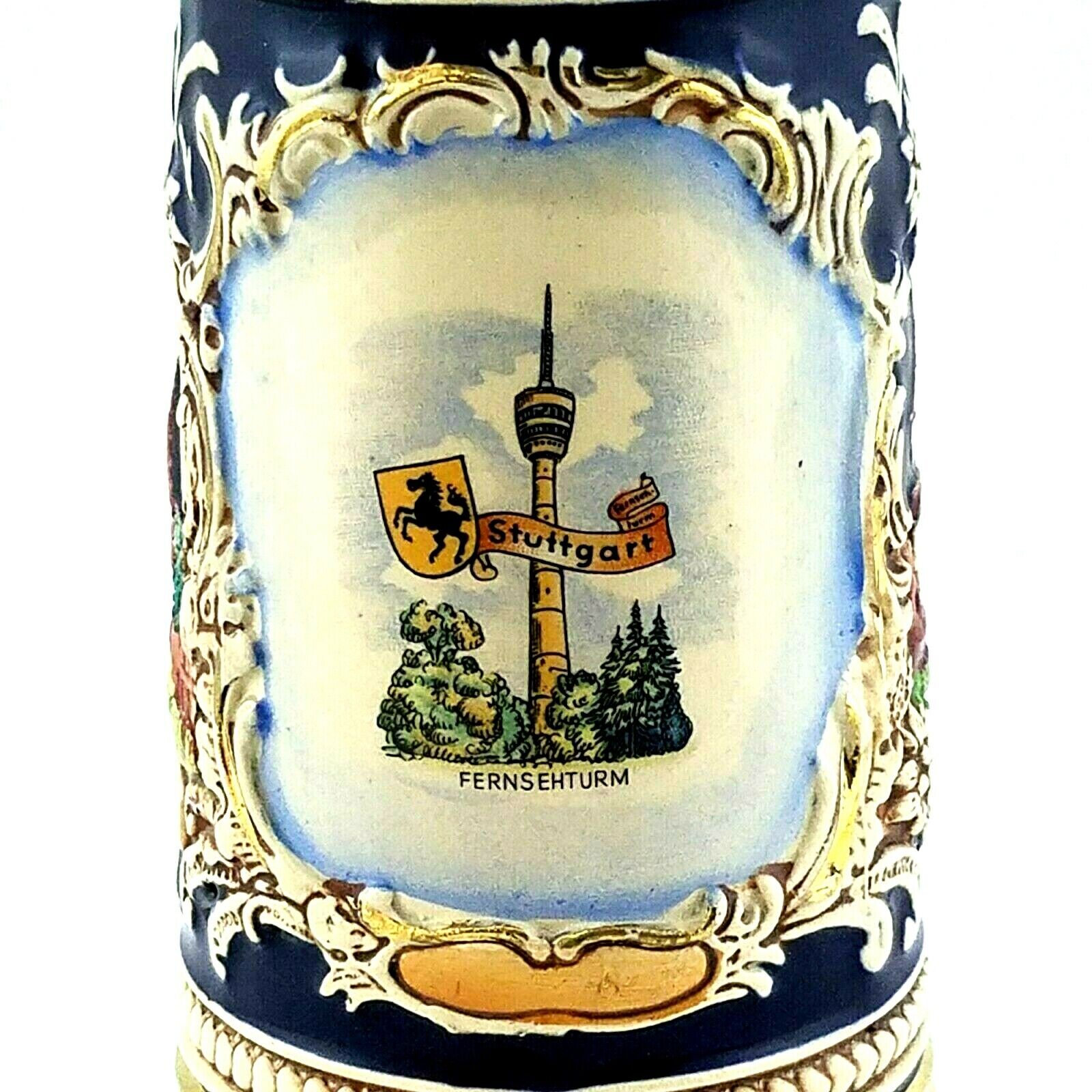 Vtg DBGM German Beer Stein Pewter Lid STUTTGART Cobalt Crest Cottage Floral 73 *